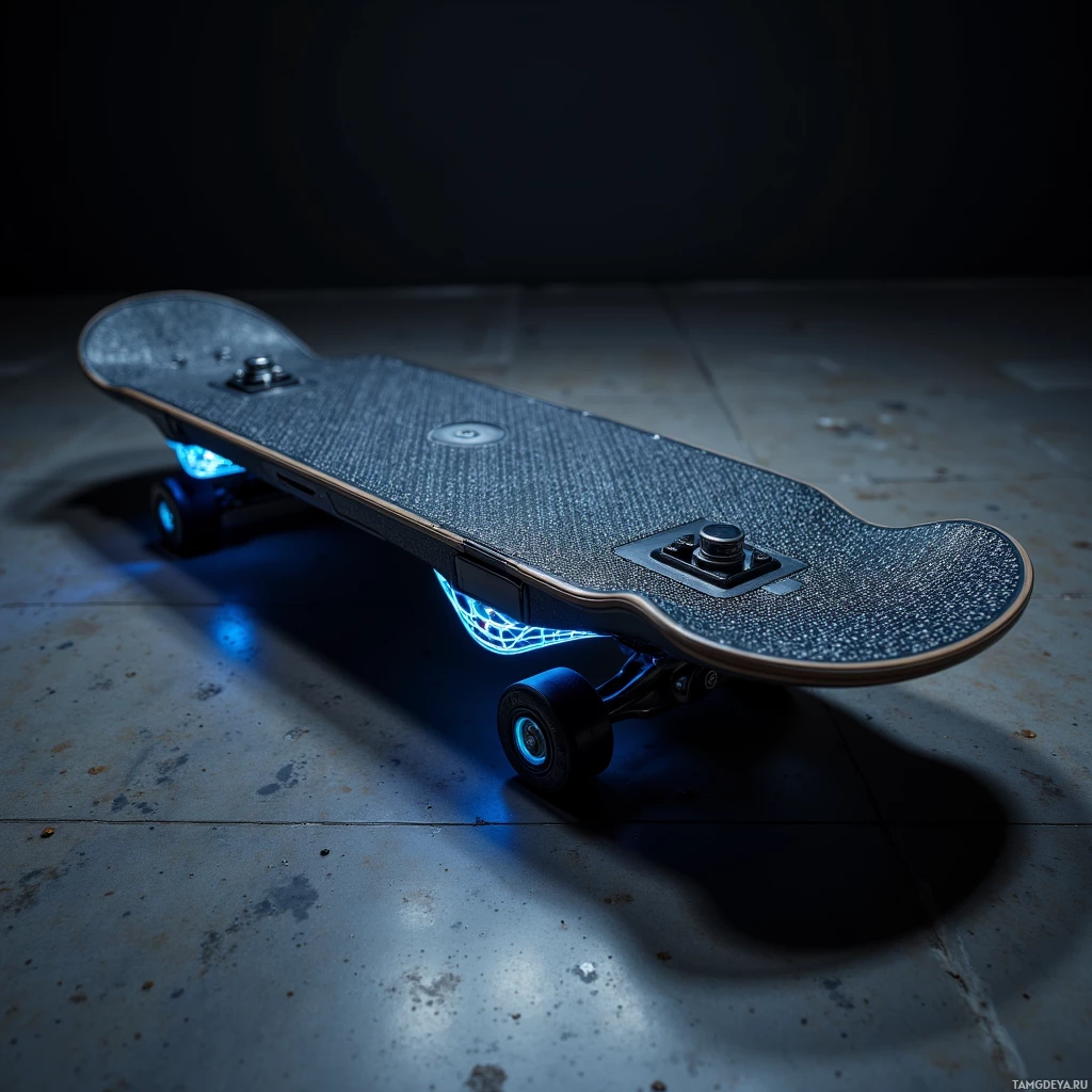 Semi-abstract image with many light, that is suitable for the post:  Midnight black carbon weave skateboard deck with a titanium lattice chassis, sleek matte finish, embedded adaptive plasma thrusters glowing faint blue along the deck edges, aerodynamic carbon frame, and high‑tech futuristic detailing.
