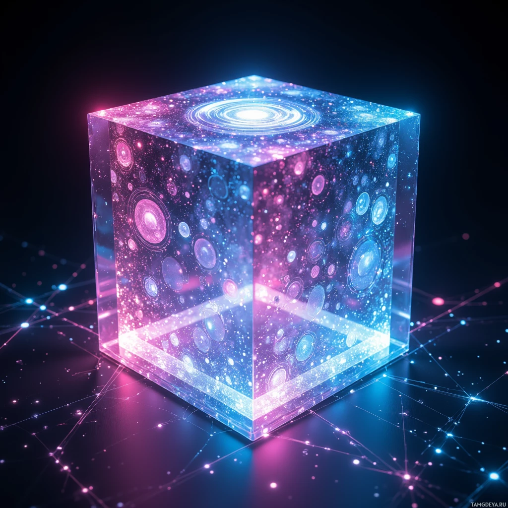 Светящийся, прозрачный куб с космической, галактической структурой внутри и сетью соединений вокруг.