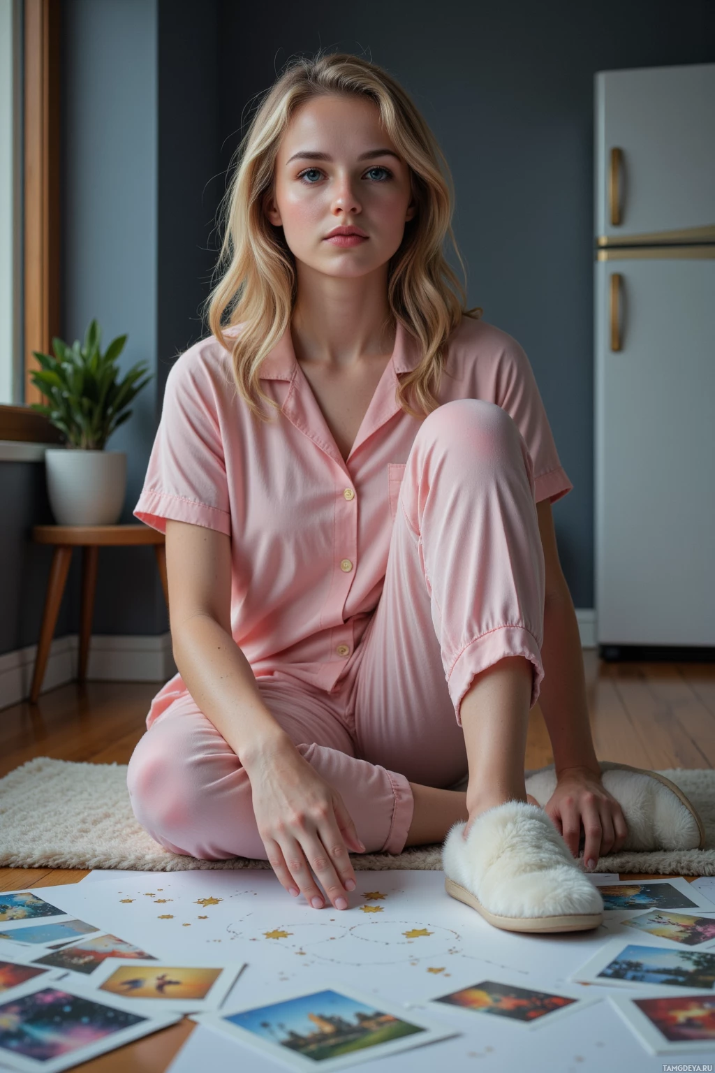 Человек в розовых пижамах сидит на ковре, вокруг которого разбросаны фотографии.