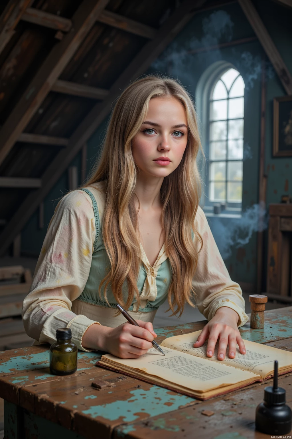 Молодая женщина пишет в книге за старым деревянным столом.