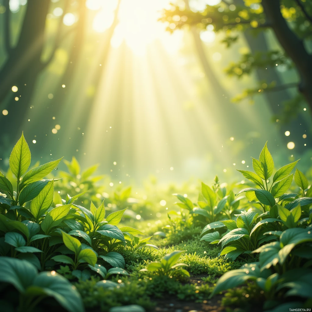 Спокойная лесная сцена, залитая солнечным светом, пробивающимся сквозь деревья и согревающая пышную зелень.