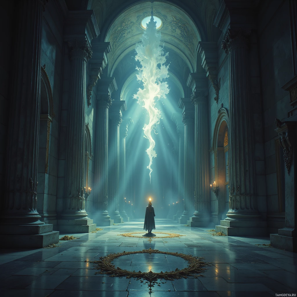 Величественный, слабо освещенный зал с высокими колоннами и светящейся фигурой в центре.