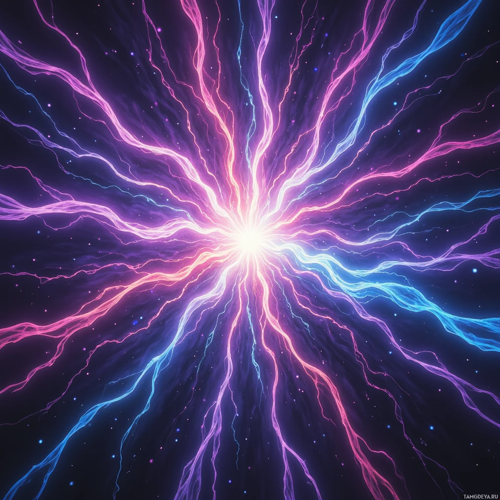 Яркий, абстрактный всплеск света с расходящимися линиями розового, фиолетового и голубого на тёмном фоне.
