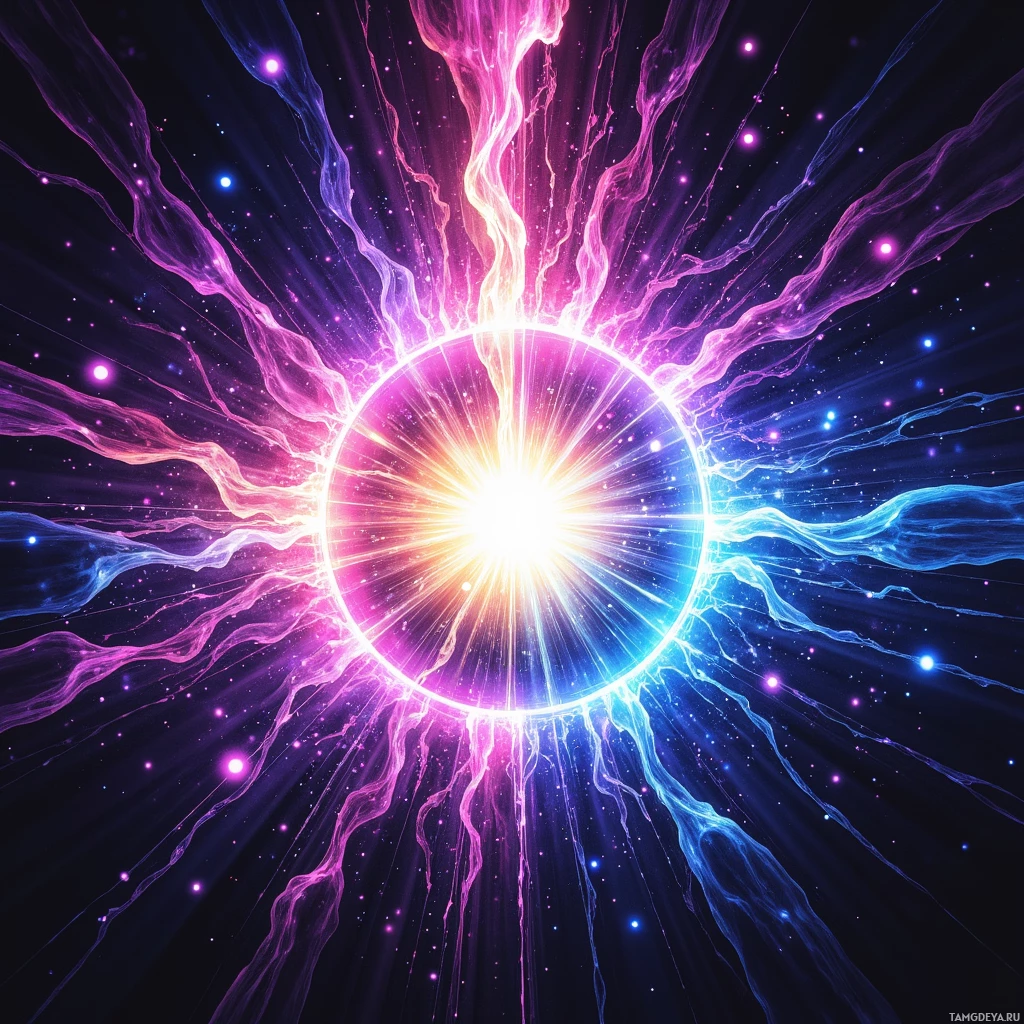 Яркая космическая сцена с центральным источником света, излучающим сияющие лучи и нежные энергетические нити в оттенках пурпурного, розового и голубого.