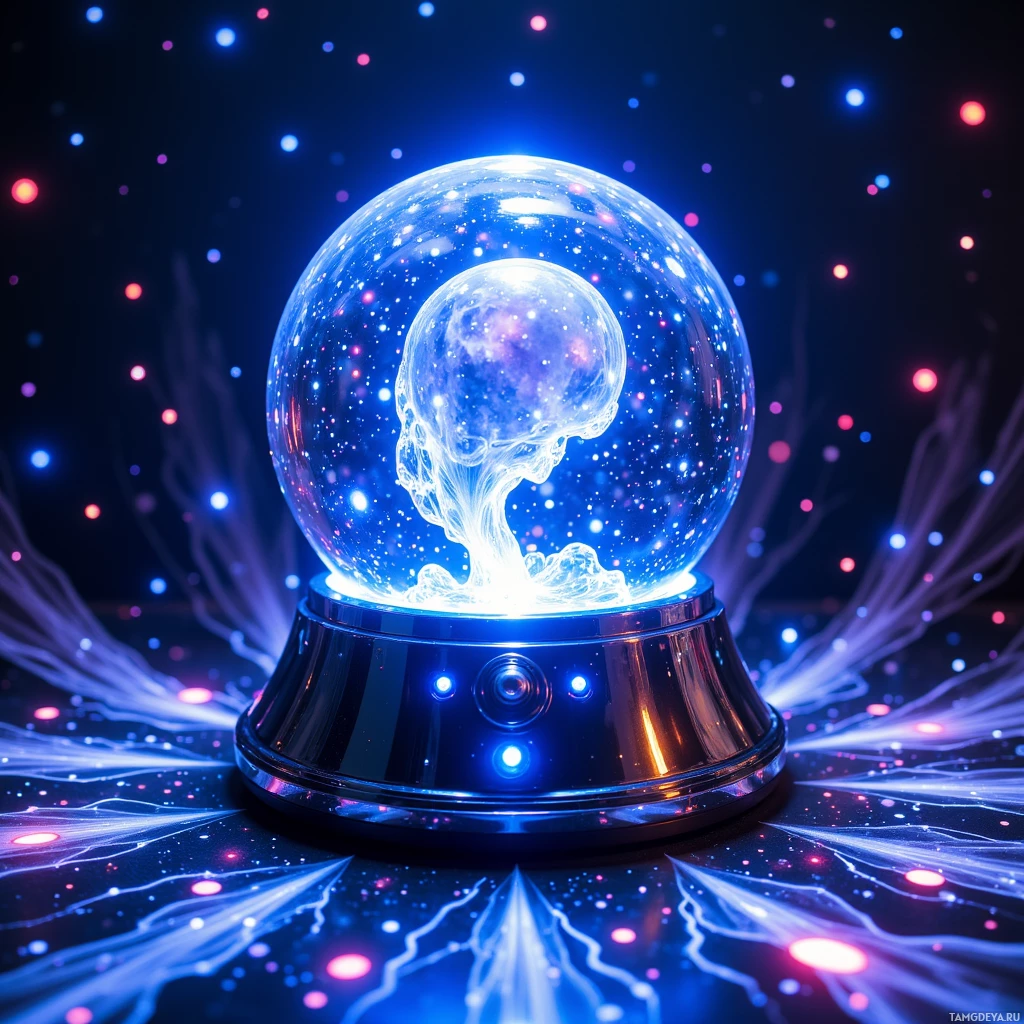 Светящийся кристальный шар, внутри которого покоится череп, окружённый разноцветными огнями и извивающимися нитями.