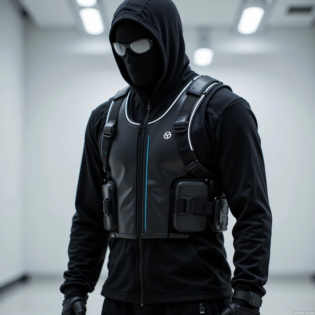 Человек в черной куртке с капюшоном, тактической бронежилете и перчатках.