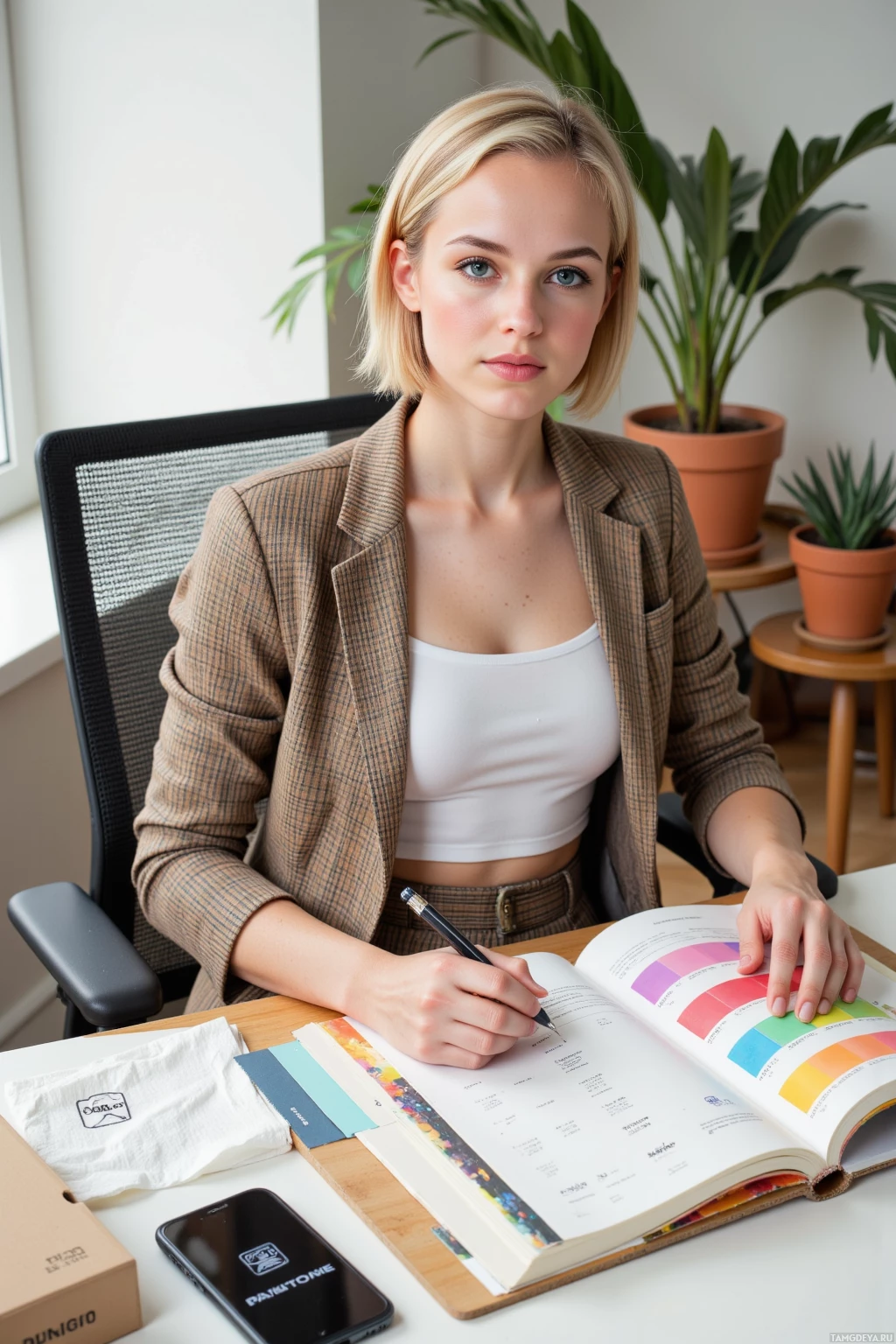 Человек сидит за столом и работает с цветовой палитрой и другими материалами.