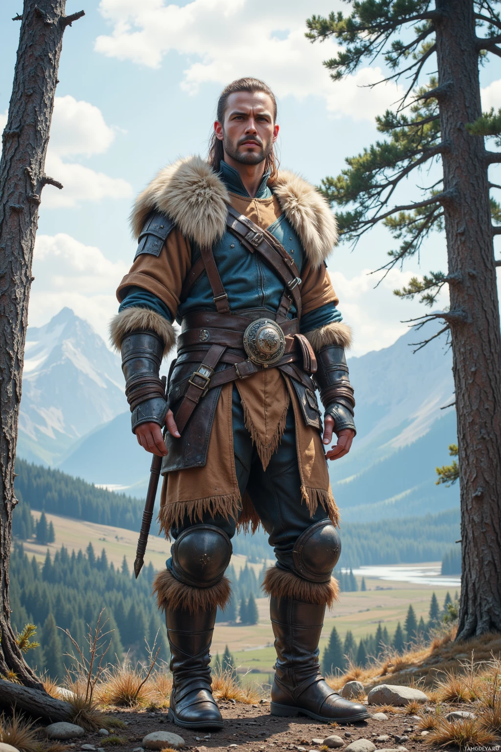 Мужчина в доспехах, выполненных в средневековом стиле, стоит на фоне лесисто-горного пейзажа.