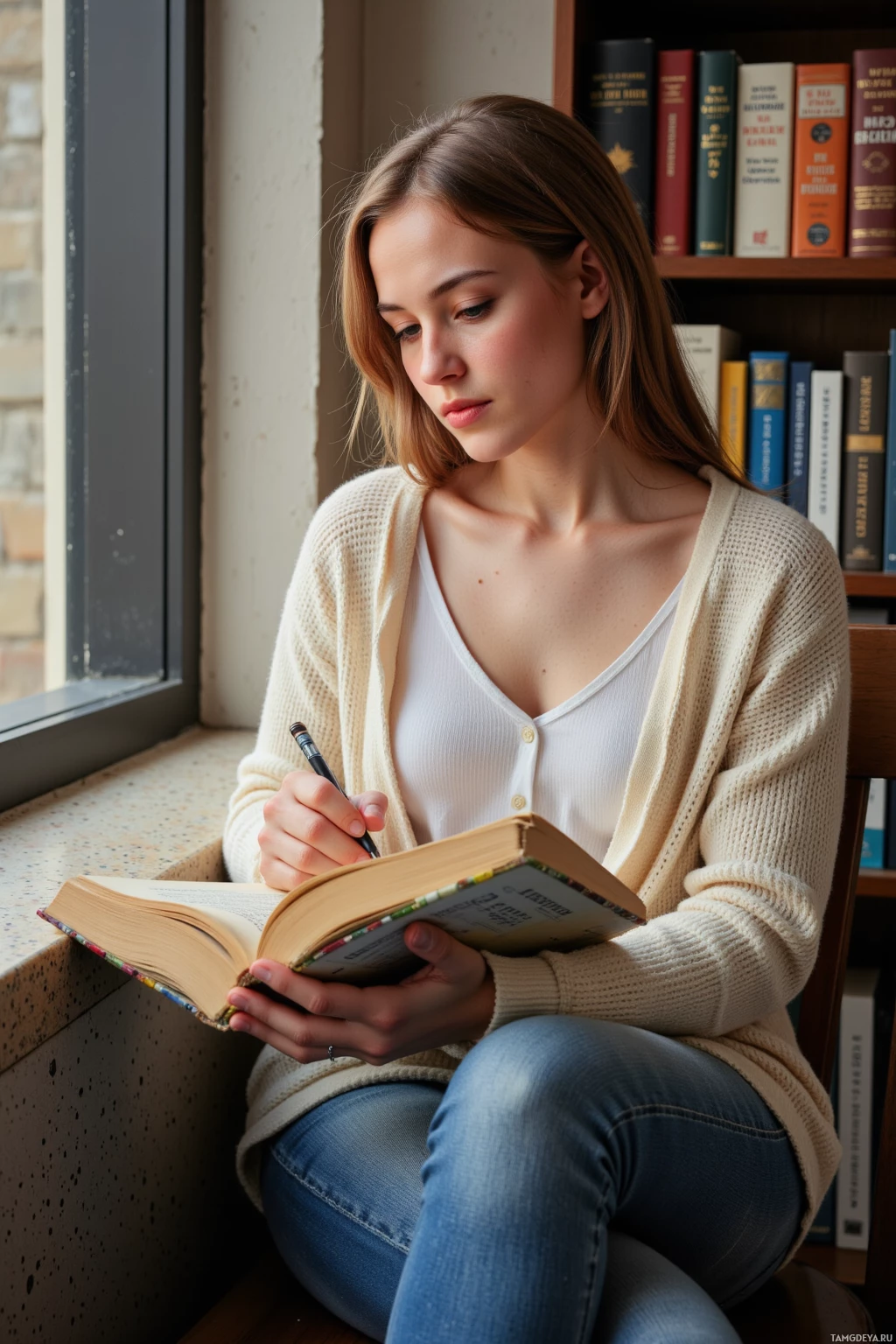 Человек сидит у окна, читает и что-то записывает в книге.