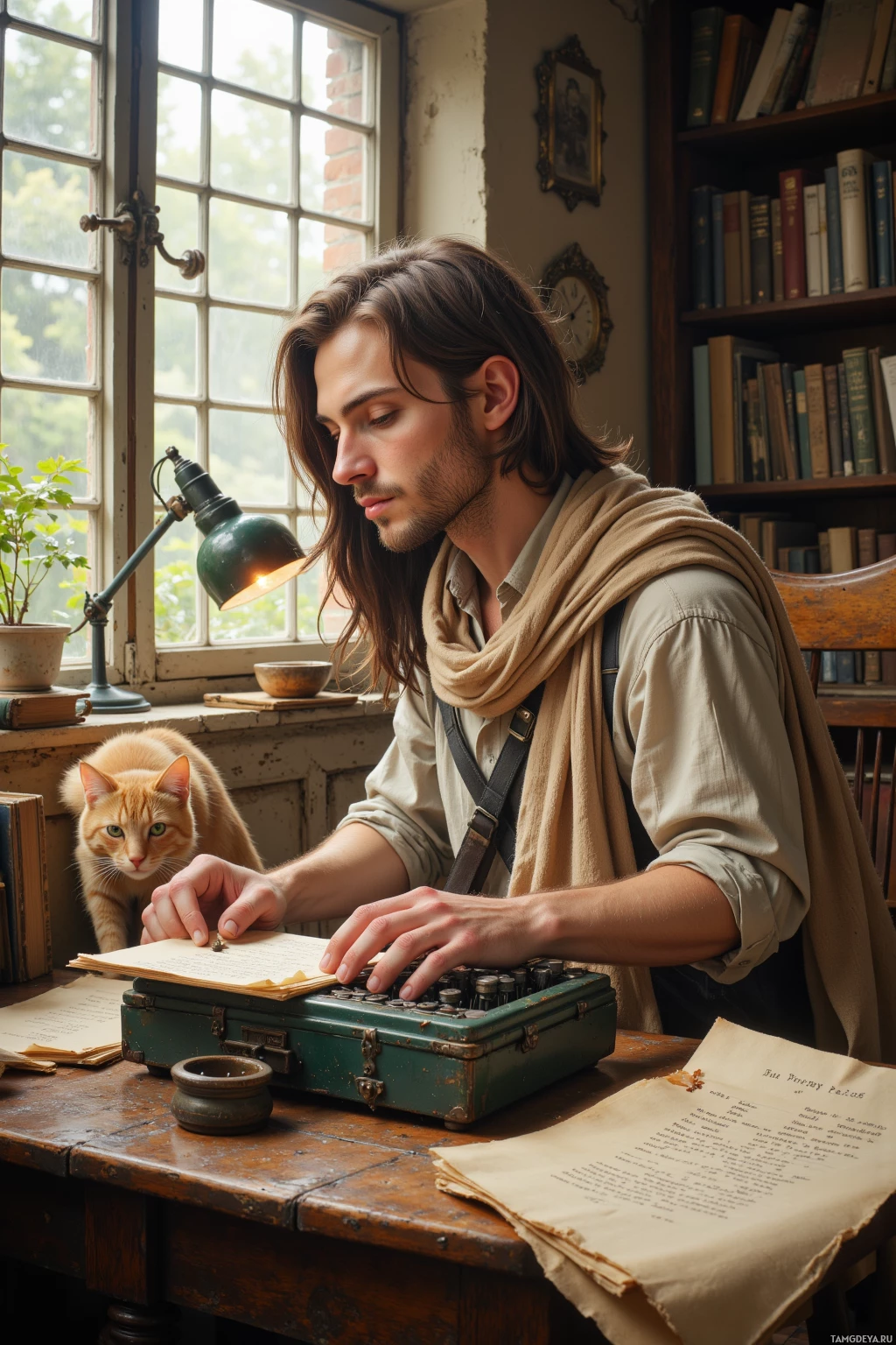 Мужчина сидит за письменным столом с пишущей машинкой, окруженный книгами и кошкой, в уютной обстановке, пропитанной духом старины.