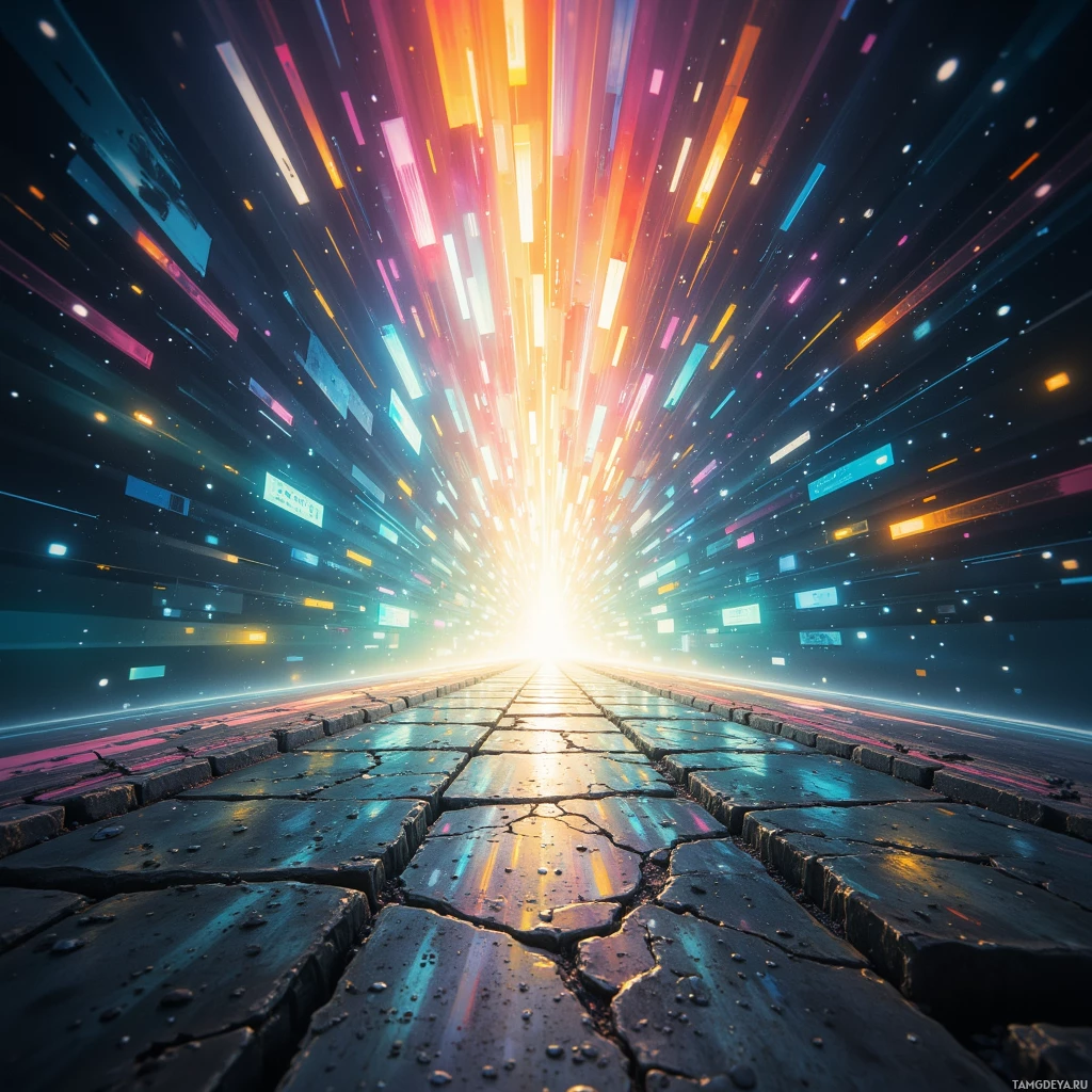 Яркая, футуристическая сцена с светящимися линиями и треснувшей, отражающей поверхность, уходящей к яркому свету.