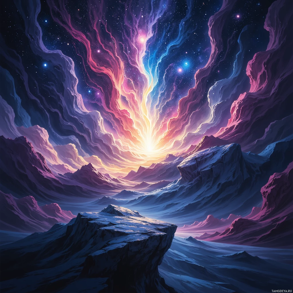 Яркий, космический пейзаж с усыпанным звездами небом, закрученными туманностями и суровыми, покрытыми снегом горами.