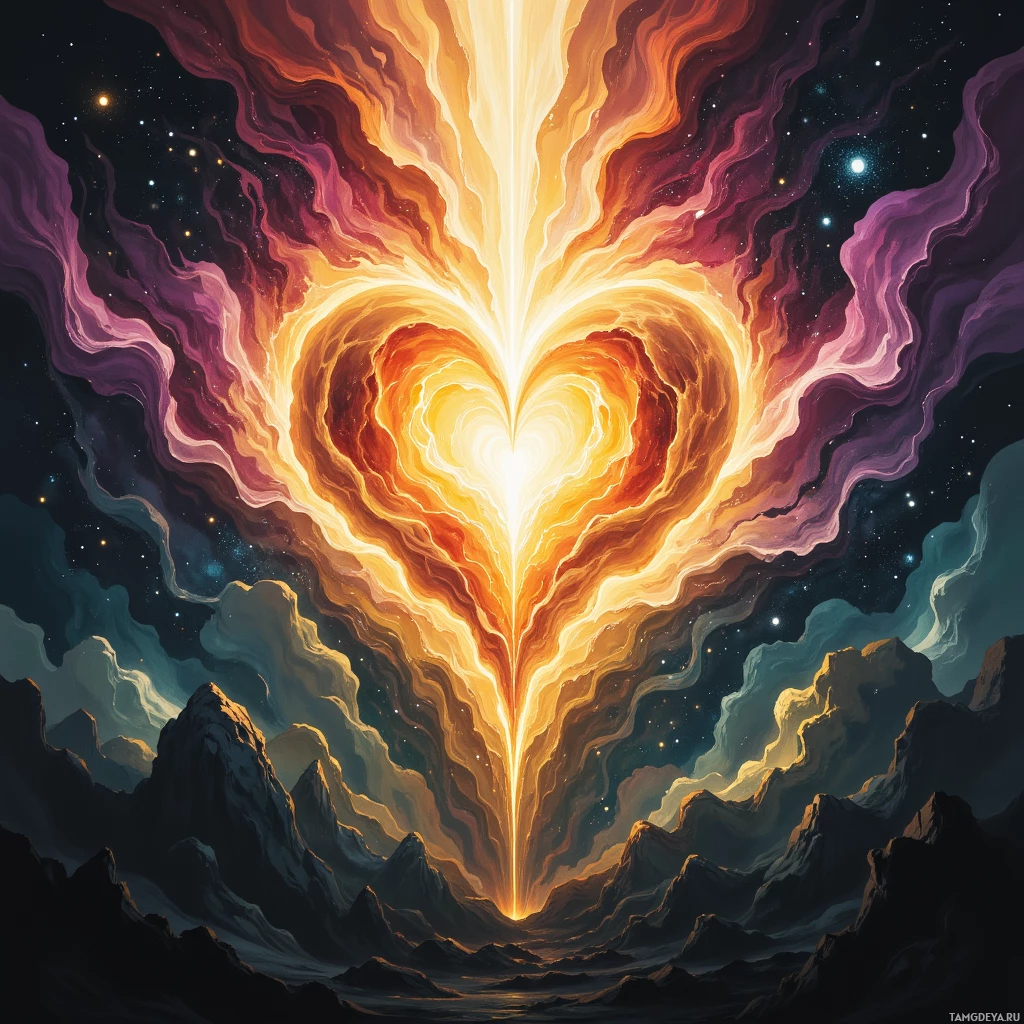 Яркий, сердцевидный взрыв света исходит из горного пейзажа, освещая звездное ночное небо.