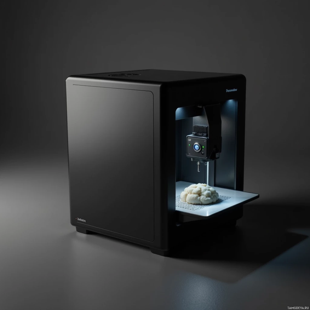 Современное чёрное устройство с подсвеченной платформой и небольшим предметом на ней.