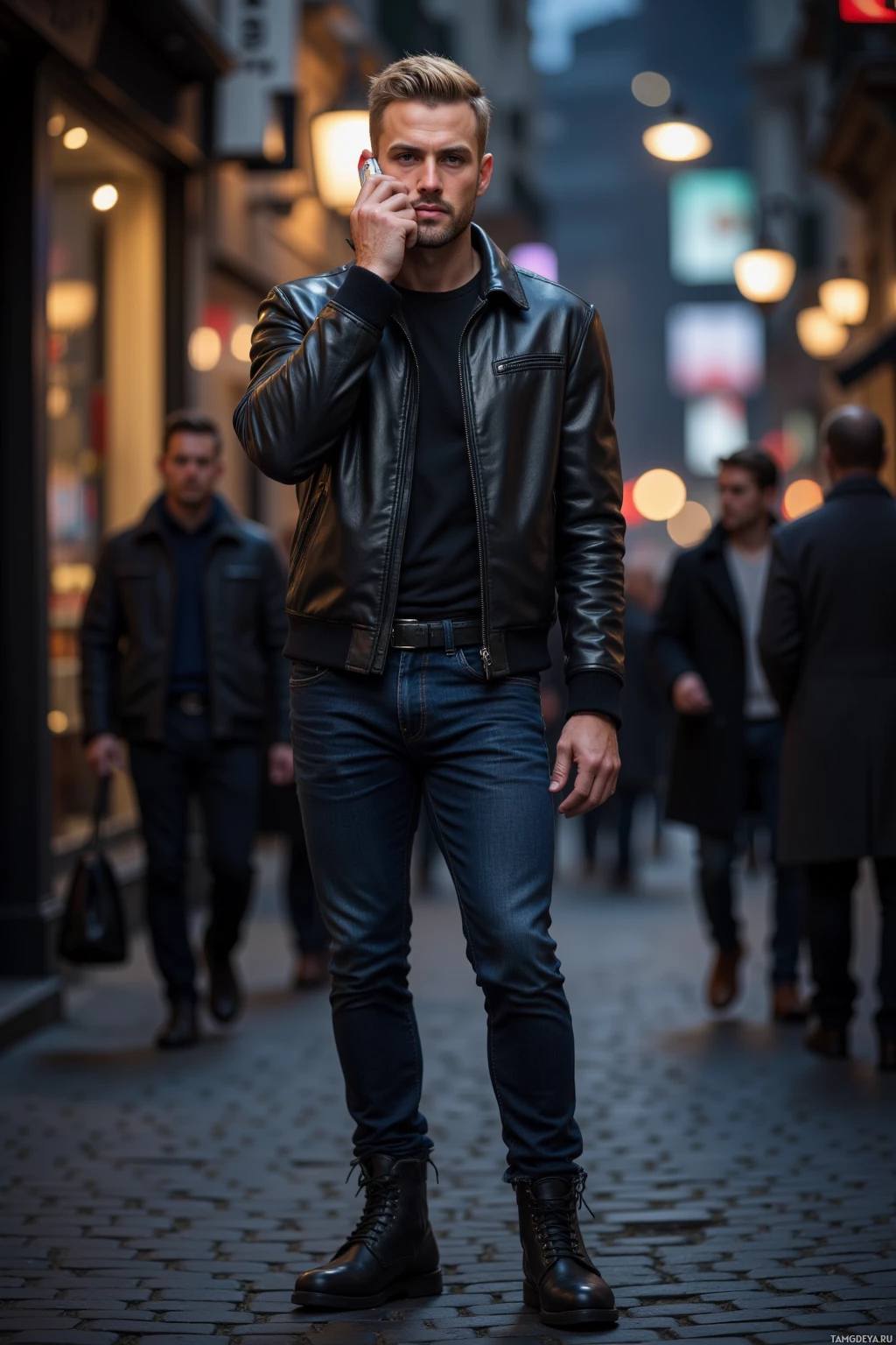 Мужчина в черной кожаной куртке и джинсах стоит на мощёной улице и разговаривает по телефону.
