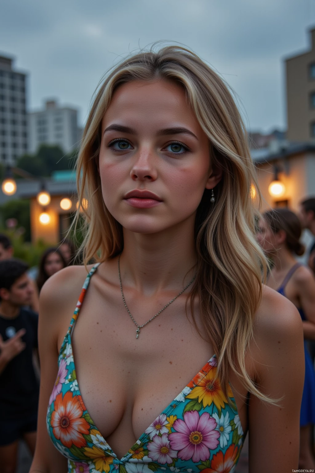 Участница светского мероприятия стоит на улице – у неё длинные светлые волосы и топ с цветочным принтом.