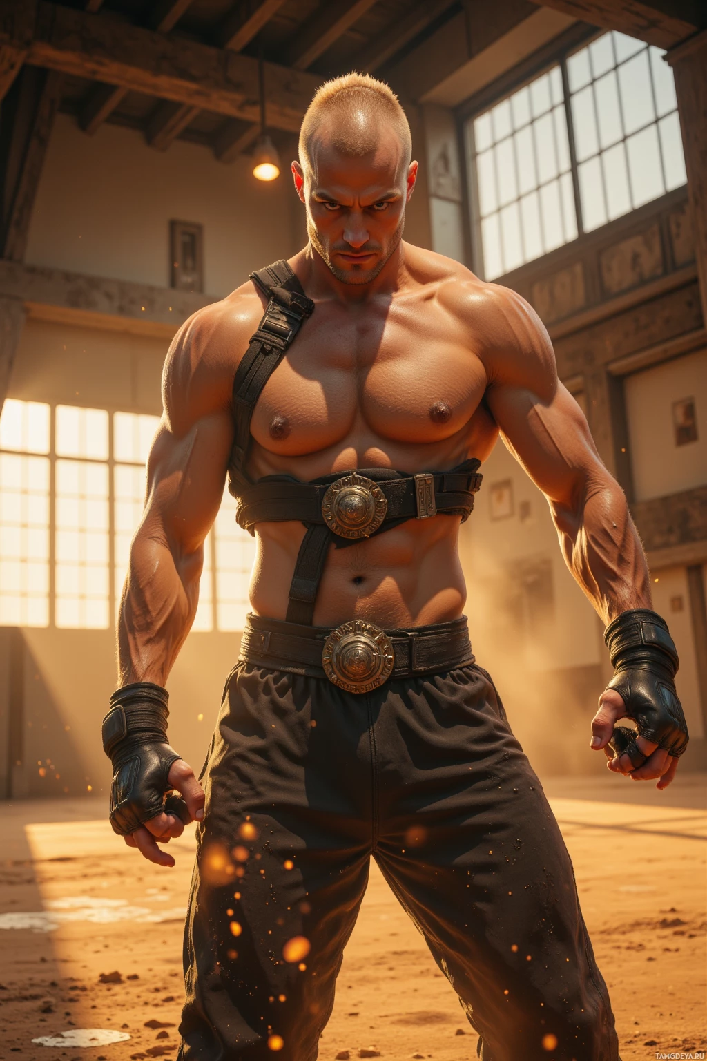 Мускулистый мужчина в прочной одежде стоит в залитой солнцем комнате.