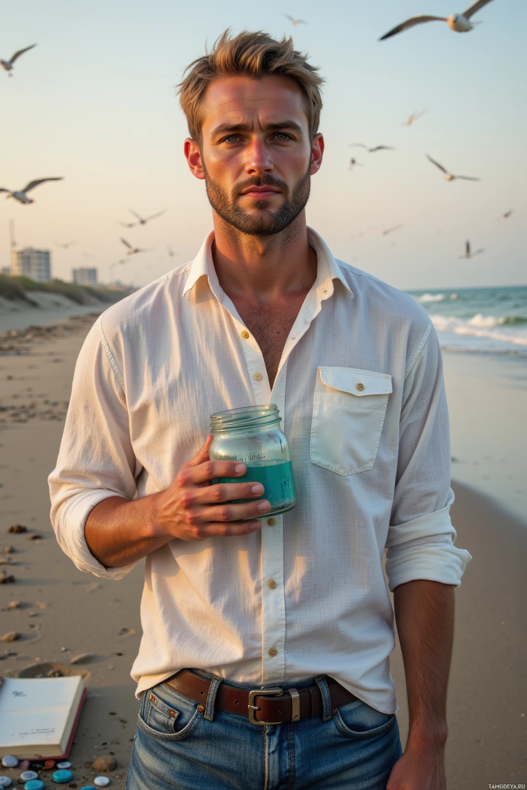 Realistic high quality photo. Man, 33, sandy blond hair, neatly trimmed beard, blue eyes, wearing a loose white linen shirt with rolled sleeves and faded jeans, standing on a sandy beach at dusk, holding a mismatched glass jar labeled Gulf Stream, with an analog ledger open beside him, a pile of discarded bottle caps in his pocket, seagulls circling overhead, waves gently rolling.