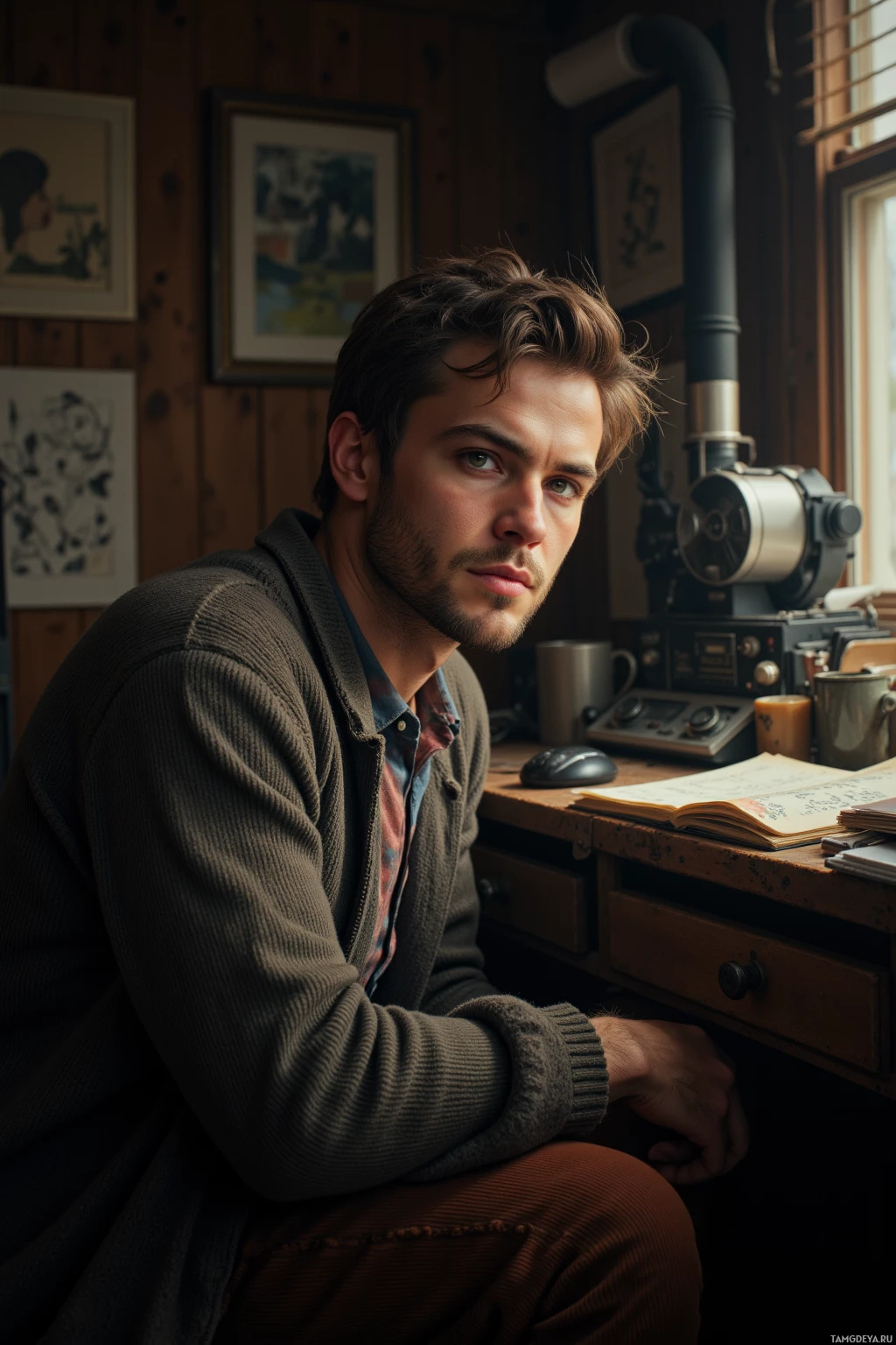Мужчина сидит за столом в уютной комнате с деревянными панелями, украшенной рамками с картинами, микроскопом и раскрытыми книгами.