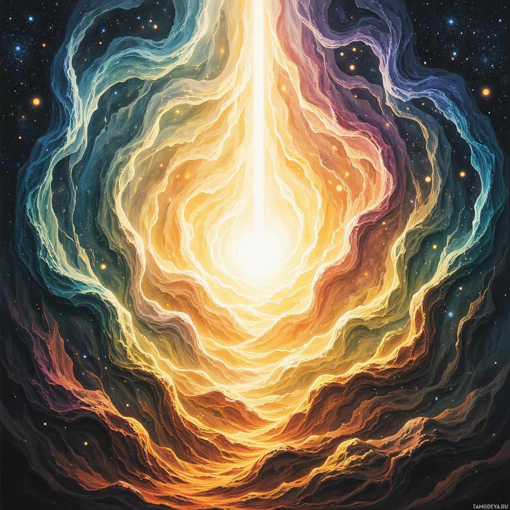 Яркая космическая сцена с завихряющимися туманностями и ярким центральным источником света.