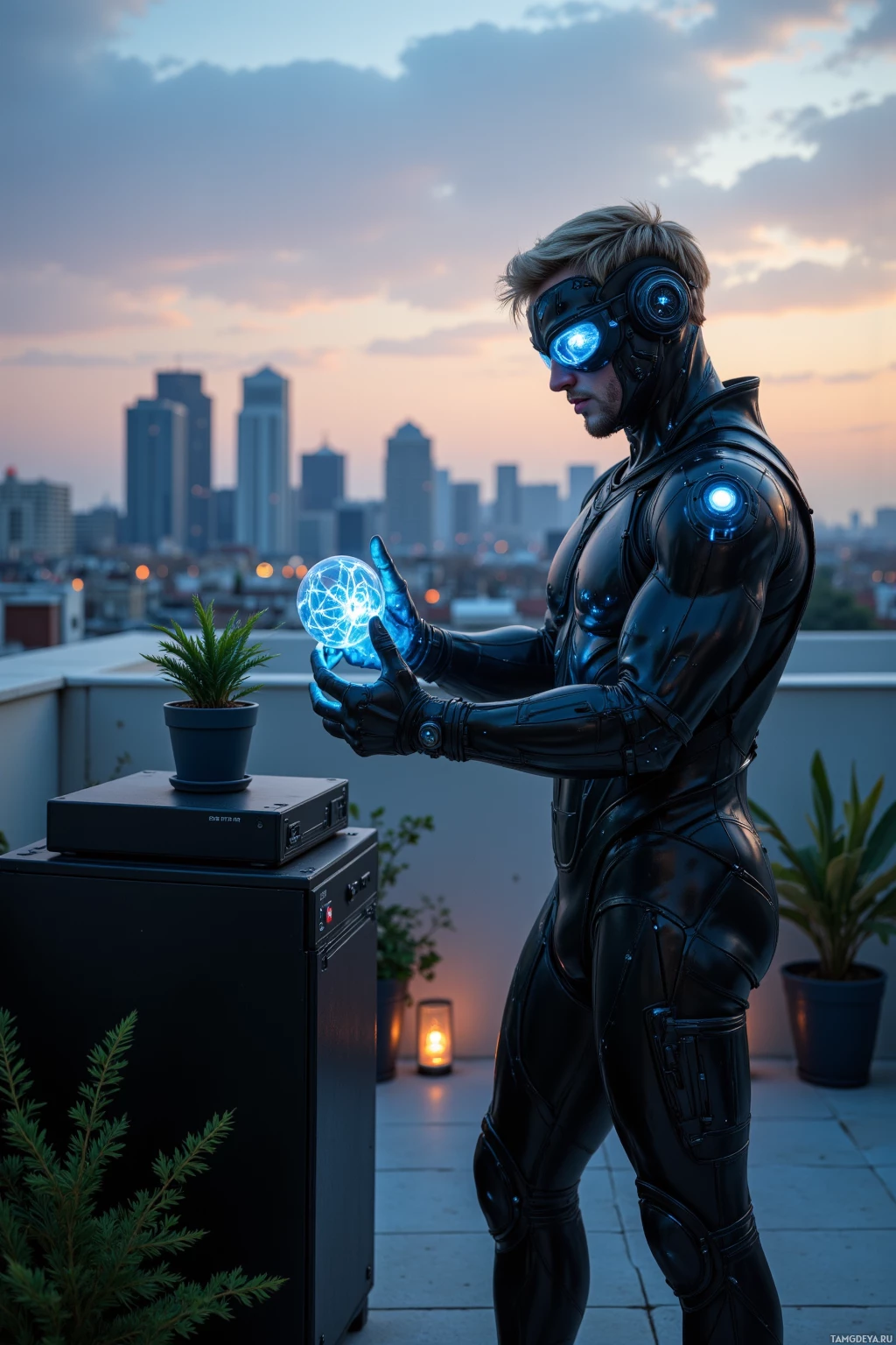 Человек в футуристическом черном костюме держит светящийся шар на крыше, на заднем плане – городской пейзаж.