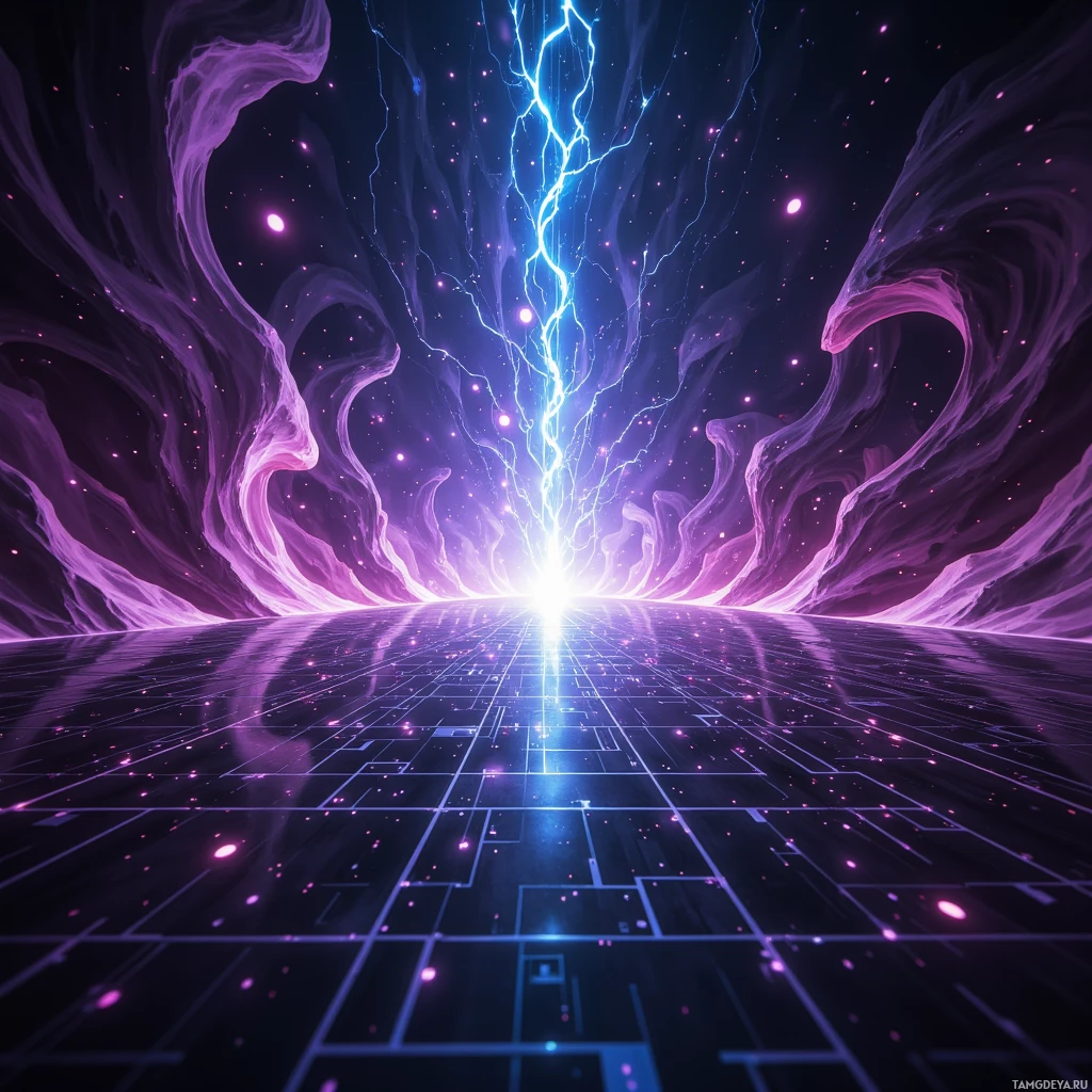 Футуристический цифровой пейзаж с переливающимися линиями, вихрями энергии и ярким источником света на горизонте.