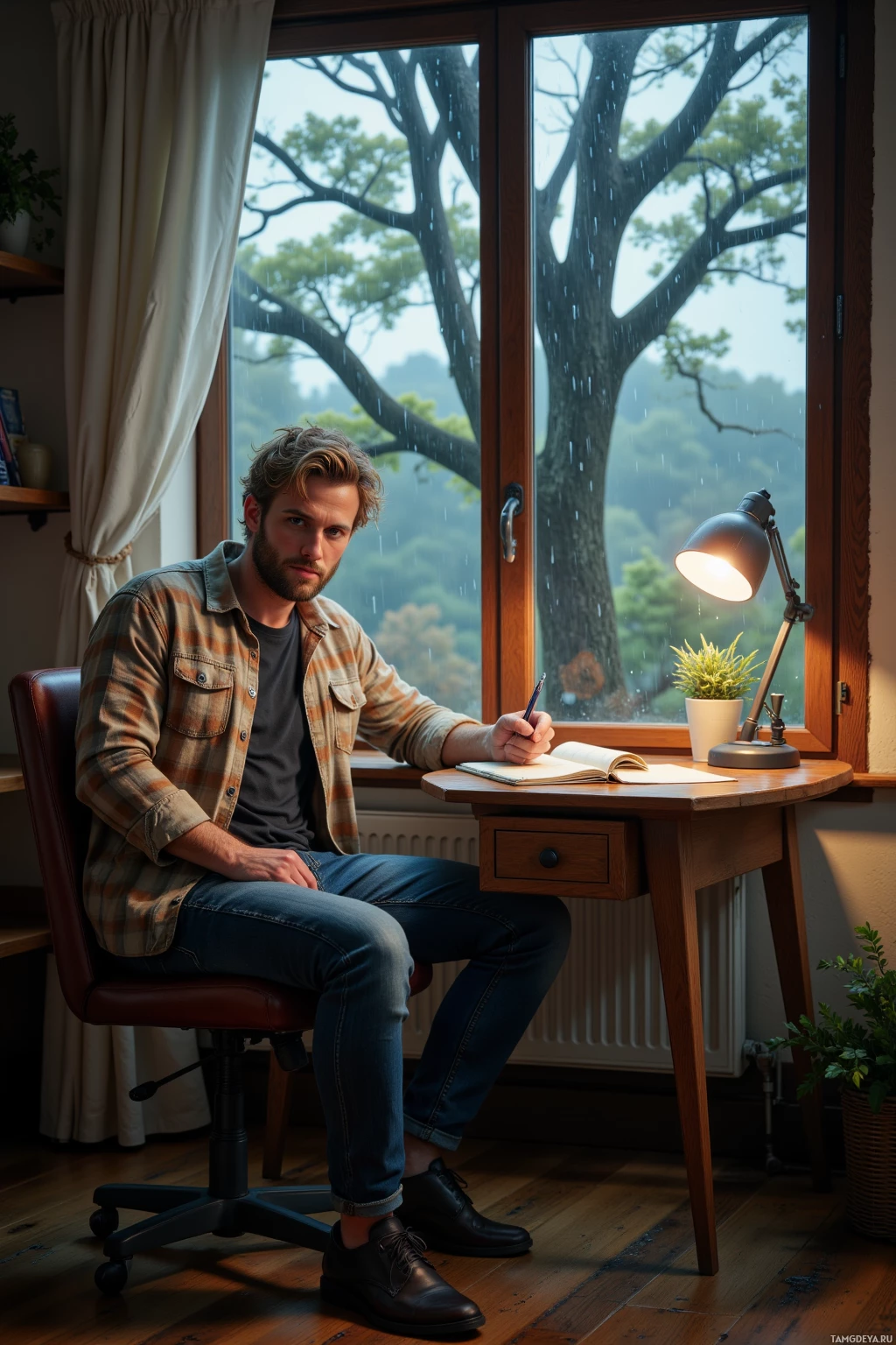 Мужчина сидит за столом у окна и пишет в блокноте под лампой.