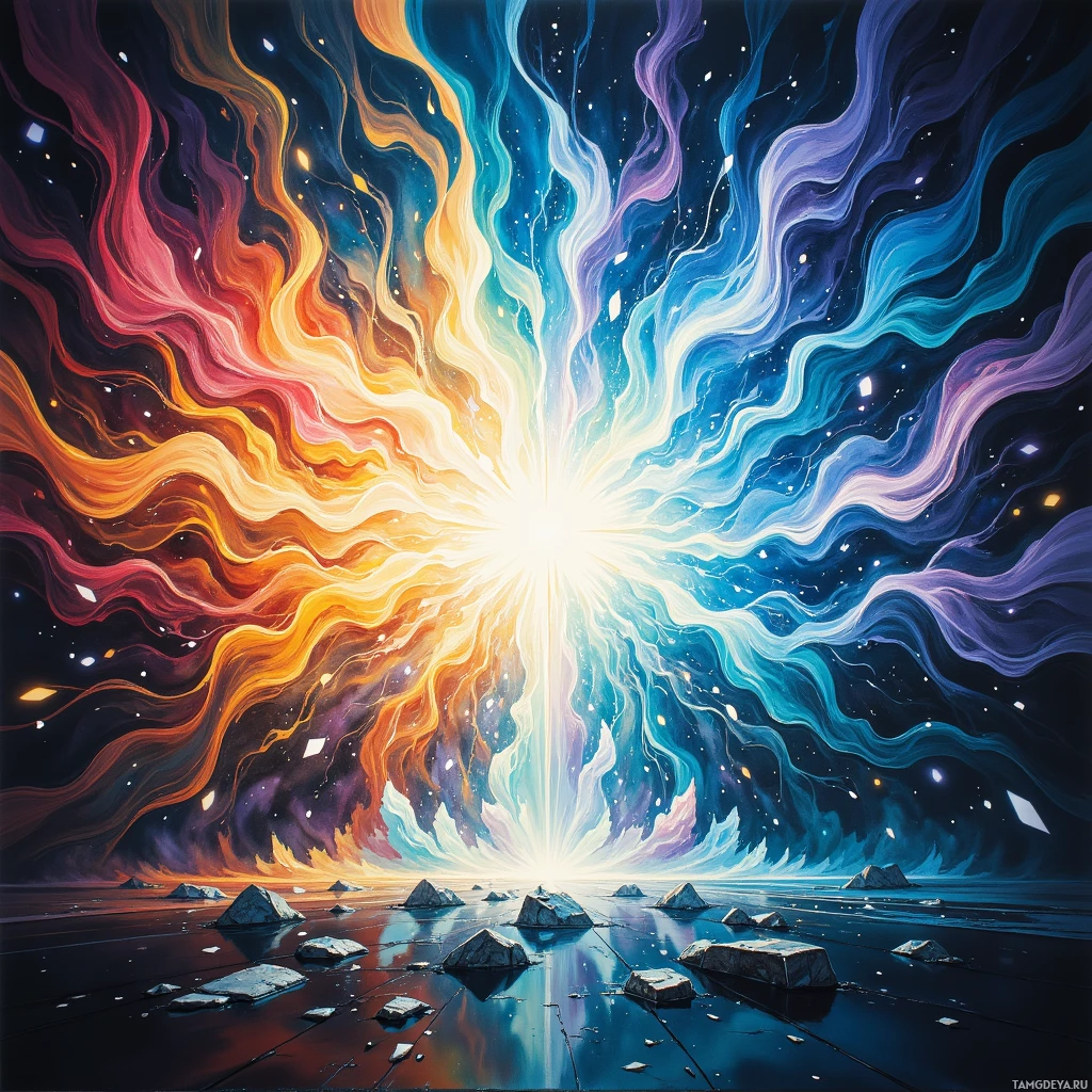 Яркая космическая сцена с переливающимися красками и ярким источником света в центре.