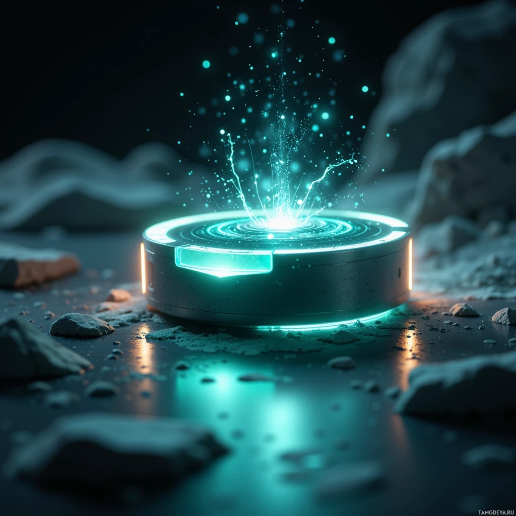 Светящееся, футуристическое устройство излучает свет и частицы в тёмной, каменистой местности.