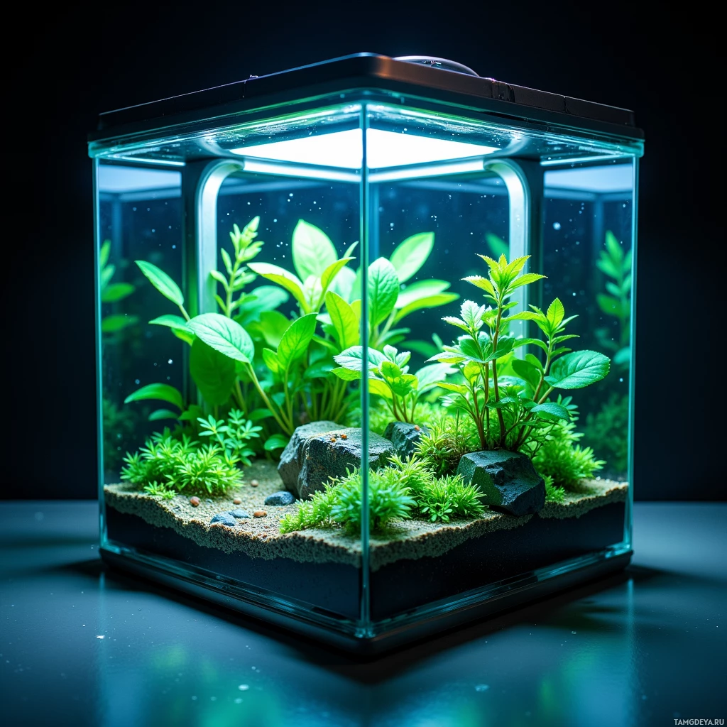 Semi-abstract image with many light, that is suitable for the post:  A tiny, sleek glass terrarium with clear walls, glowing bioluminescent algae illuminating soft green plant beds, a built‑in self‑watering system with humidity sensors, and a subtle water pump.