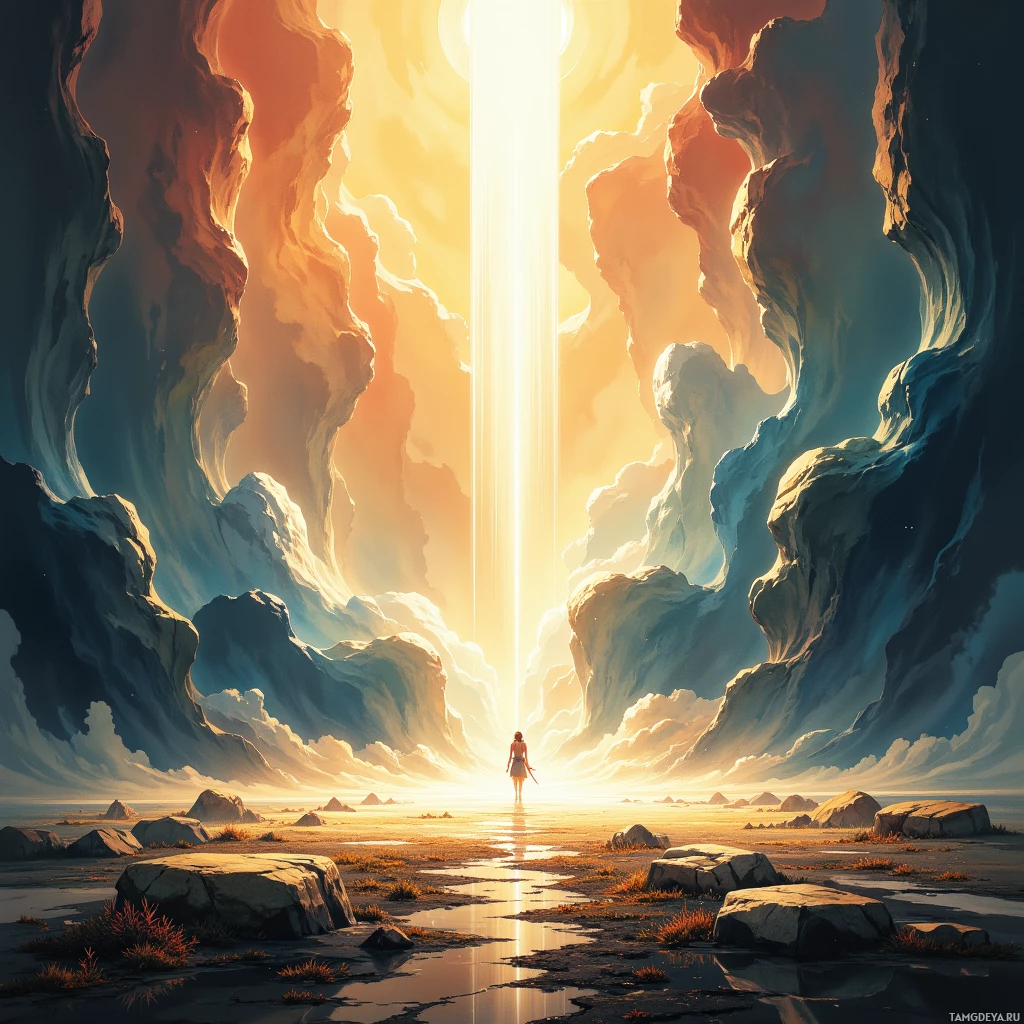 Одинокая фигура стоит на краю бескрайнего, сюрреалистичного пейзажа, взирая на сияющий источник света.