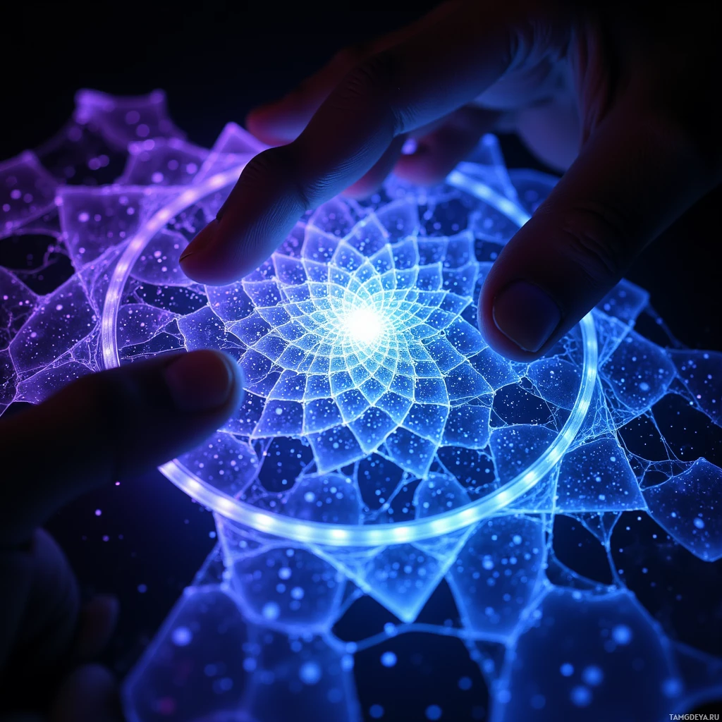 Нежная рука касается светящегося, замысловатого геометрического узора в оттенках синего и фиолетового.