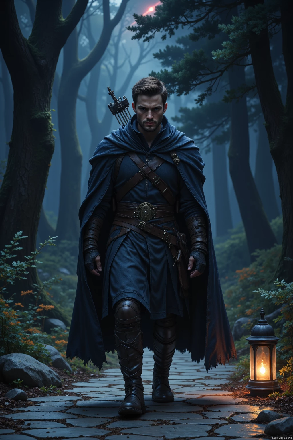 Realistic high quality photo. Tall, lean 30‑year‑old male with short dark brown hair and piercing blue eyes, wearing a long weathered black cloak and carrying a crossbow, walking alone on a stone path at night under flickering lantern light, shadows deep around a dark forest, a faint crimson comet streaking above, his calm, determined stance reflecting relentless vengeance.