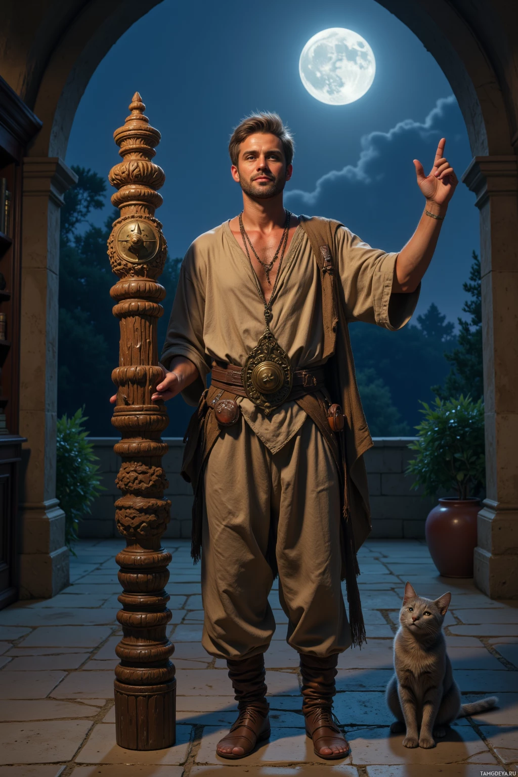 Мужчина в средневековой одежде стоит под аркой, указывая вверх, рядом с ним сидит кошка.