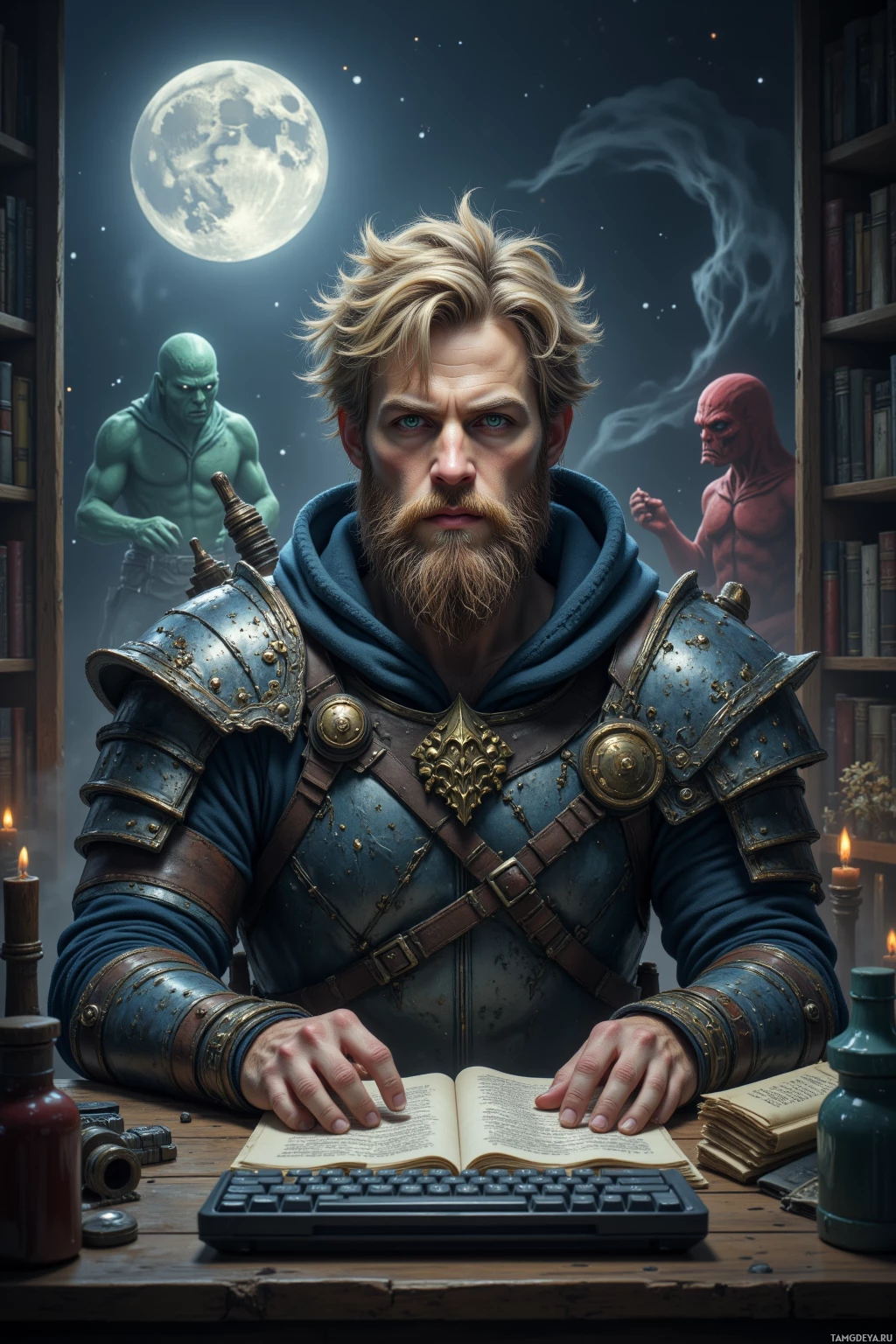 Мужчина в средневековых доспехах сидит за столом, читая открытую книгу, на заднем плане видна большая луна и призрачные фигуры.