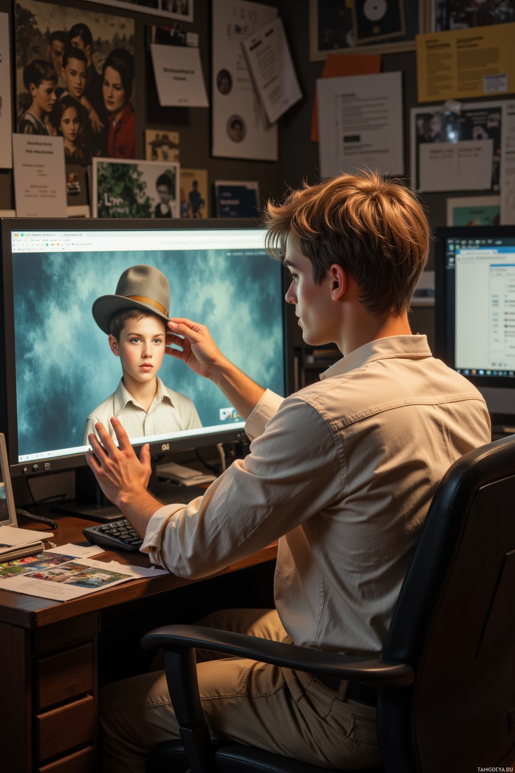 Realistic high quality photo. Male, 28, messy light brown hair, blue eyes, pale shirt with rolled sleeves, beige trousers, sits in a cluttered evening home office, adjusting a missing hat on a boy in a 1940s family photo on a computer monitor, surrounded by scattered prints and disorganized digital folders.