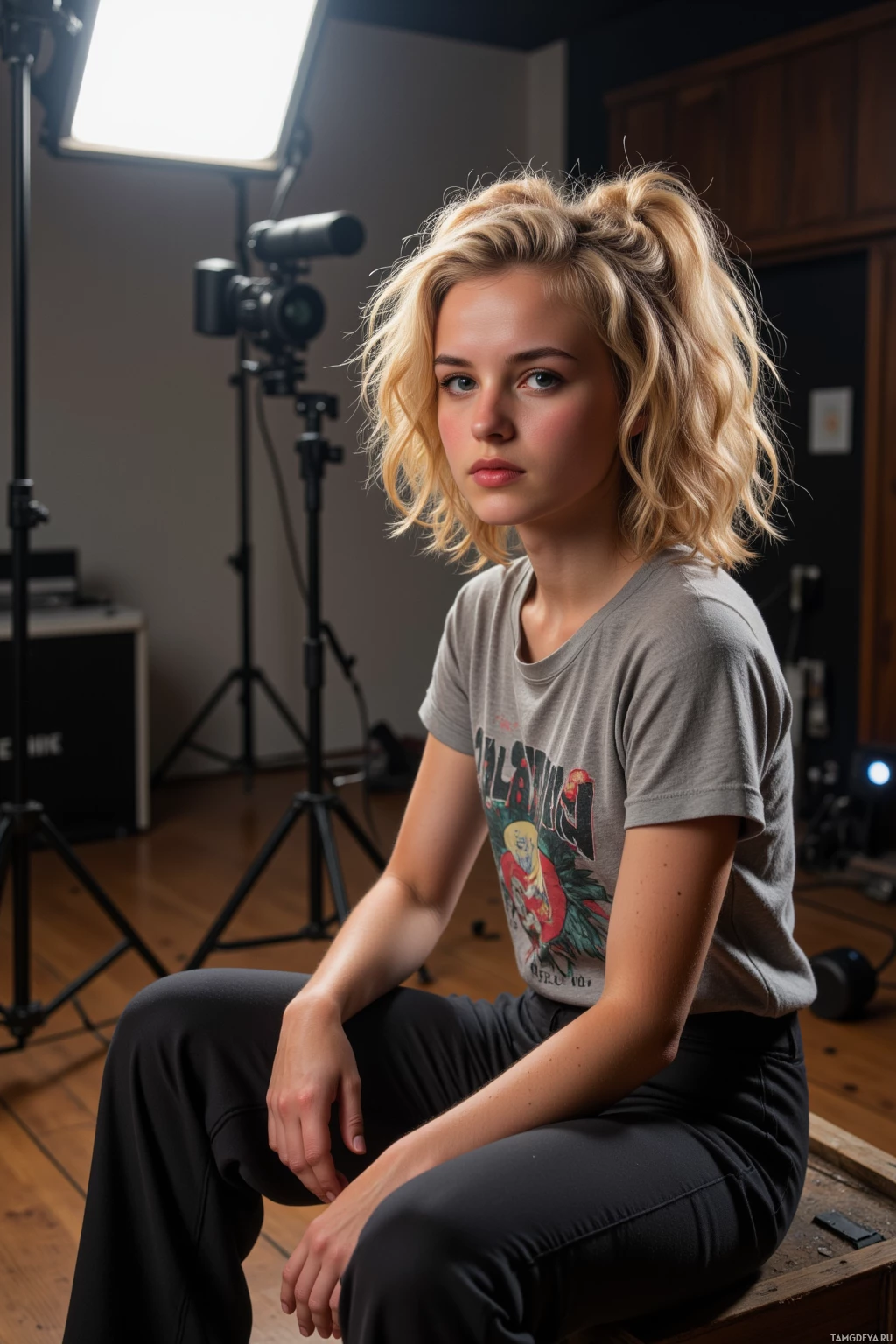 Realistic high quality photo. A woman, 27, with light blonde voluminous curls, pale skin, green eyes, wearing a vintage band t-shirt and flowing wide-leg pants, sits on the edge of a film set under soft studio lights, holding a lone microphone, with a contemplative expression as she ponders her creative journey.