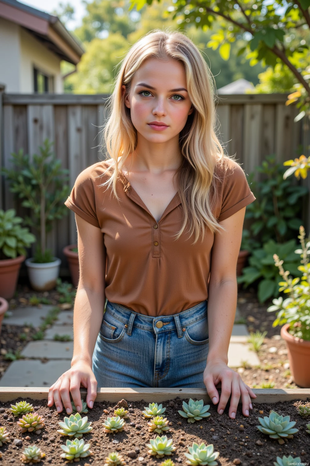 Человек стоит в саду, опираясь на деревянную грядку с суккулентами.