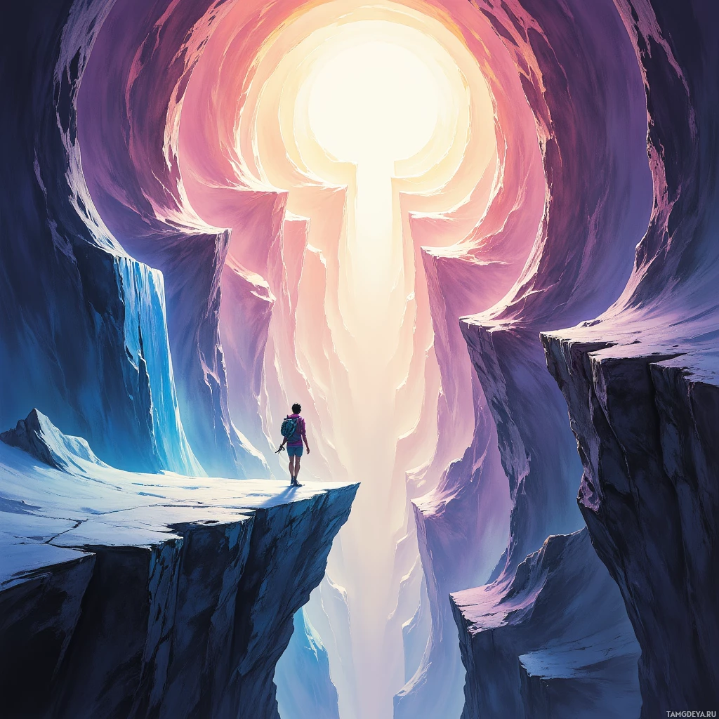 Одинокая фигура стоит на краю огромного, живописного каньона, глядя на яркий, сияющий свет на горизонте.