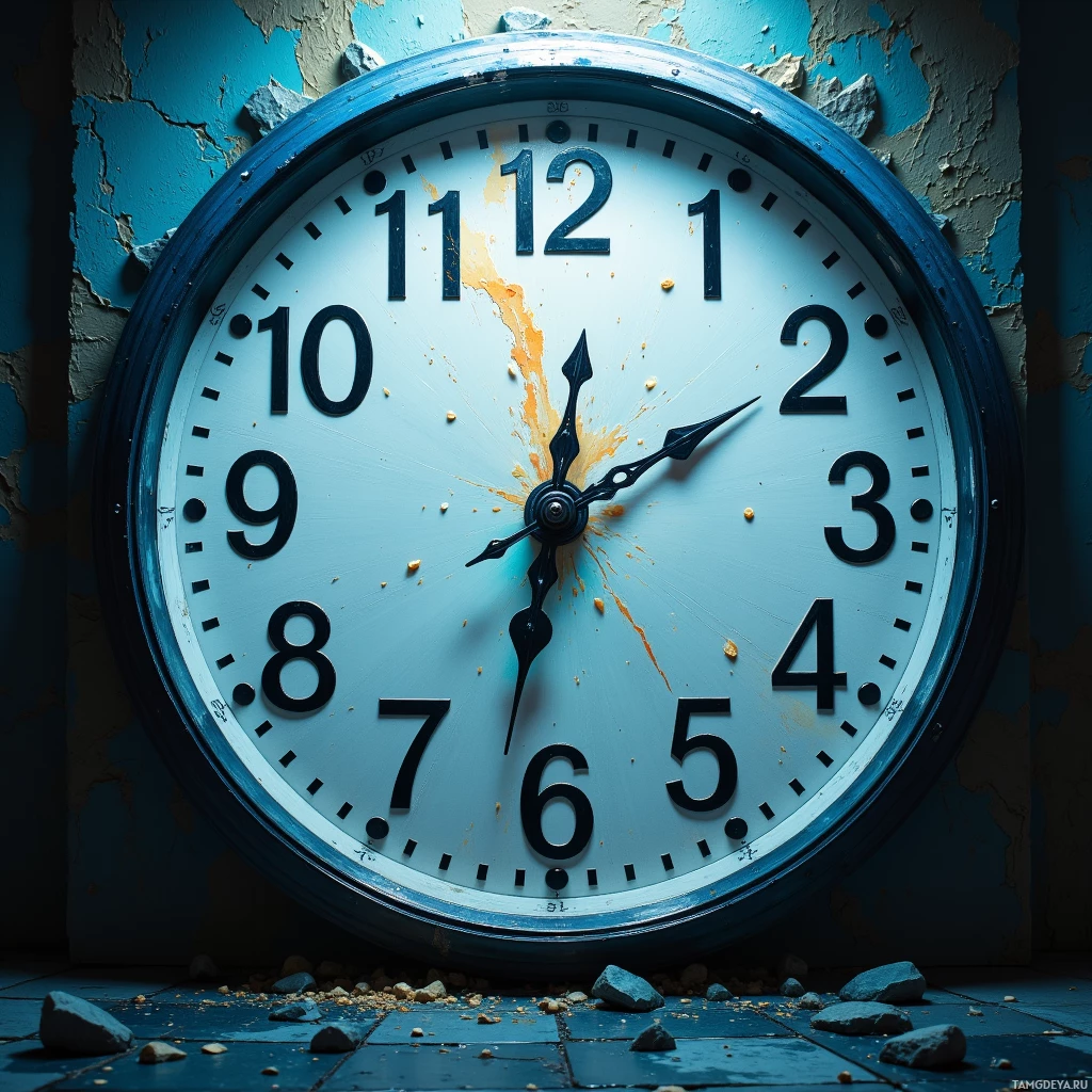 На стене с облупившейся краской висит большие круглые часы в синей раме и белым циферблатом, показывающие время 10:10.