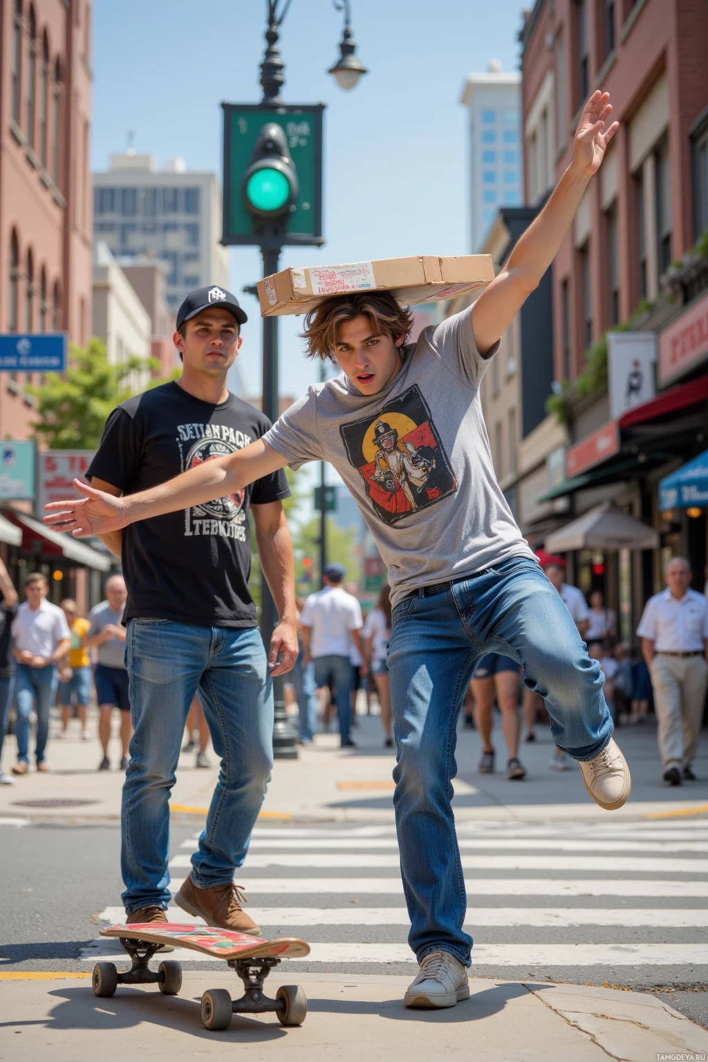 Realistic high quality photo. A 25‑year‑old male with messy light brown hair, bright blue eyes, light skin, wearing a graphic t‑shirt and fitted jeans, dancing at the corner of 5th and Main while a surprised delivery person judges, dodging a skateboard, and a pizza box rests on his head, on a bustling weekday afternoon.