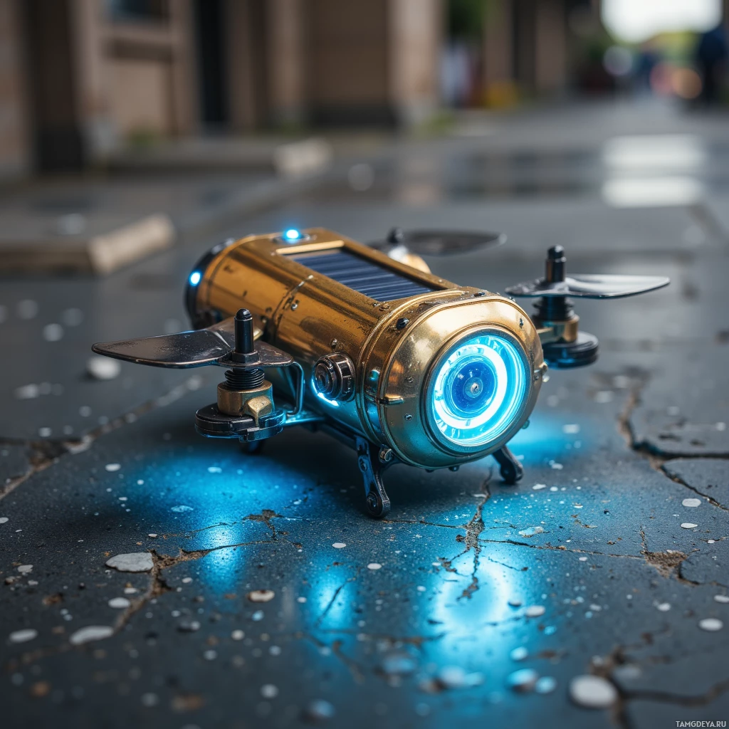 Semi-abstract image with many light, that is suitable for the post:  hand‑cranked solar‑powered mini drone shaped like a vintage brass cylinder, polished steel body rimmed in brass, subtle blue glow when activated, with a retractable magnetic hook for clinging to concrete and steel surfaces.