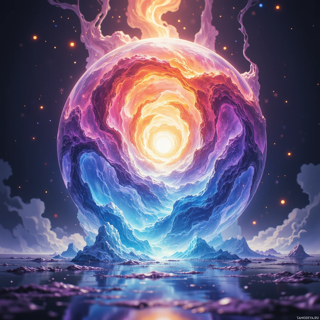 Невесомый, светящийся небесный объект с вихрями красок и ярким центром, парящий над ледяными пейзажами под звездным небом.
