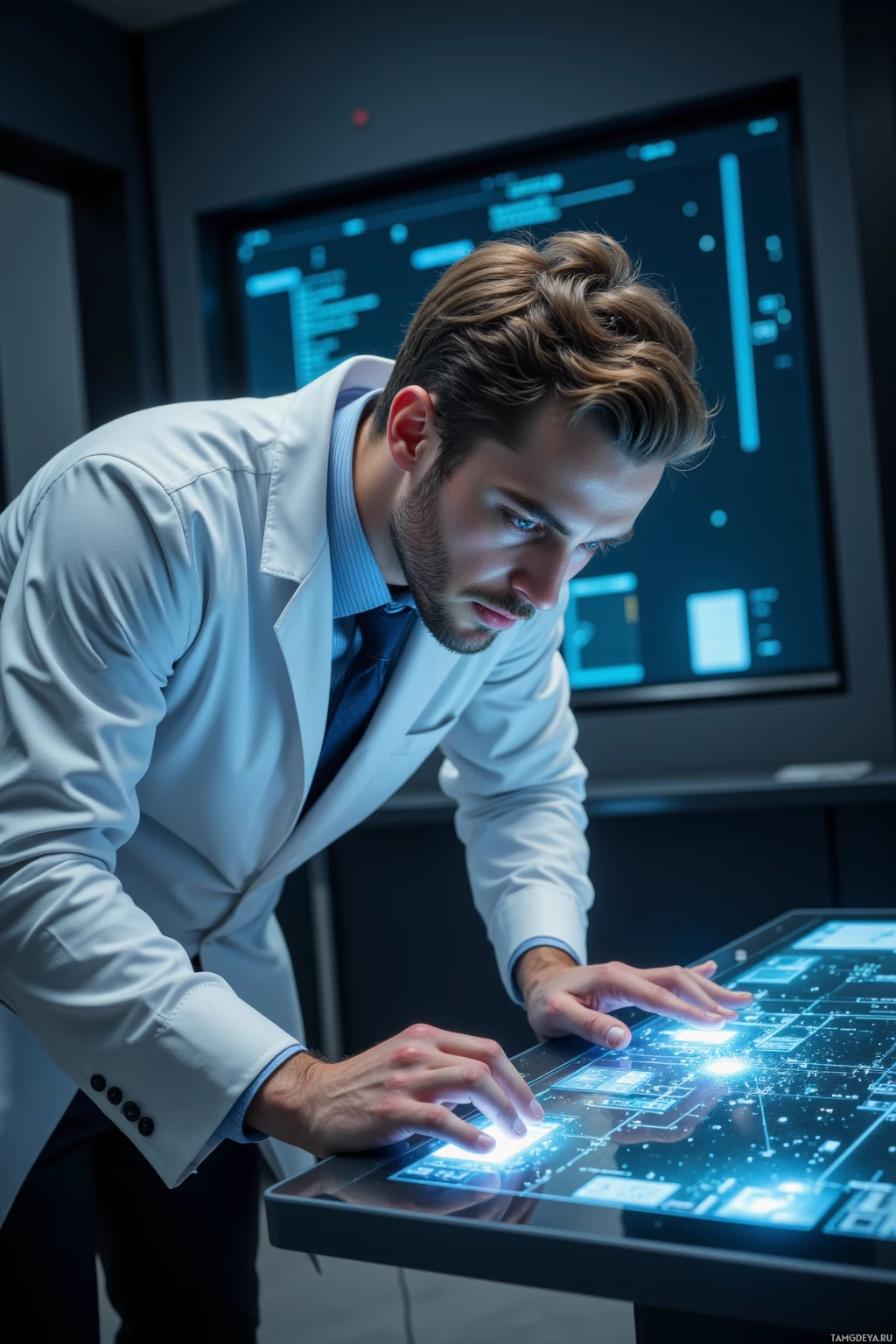 Мужчина в лабораторном халате взаимодействует с футуристическим, подсвеченным сенсорным дисплеем.