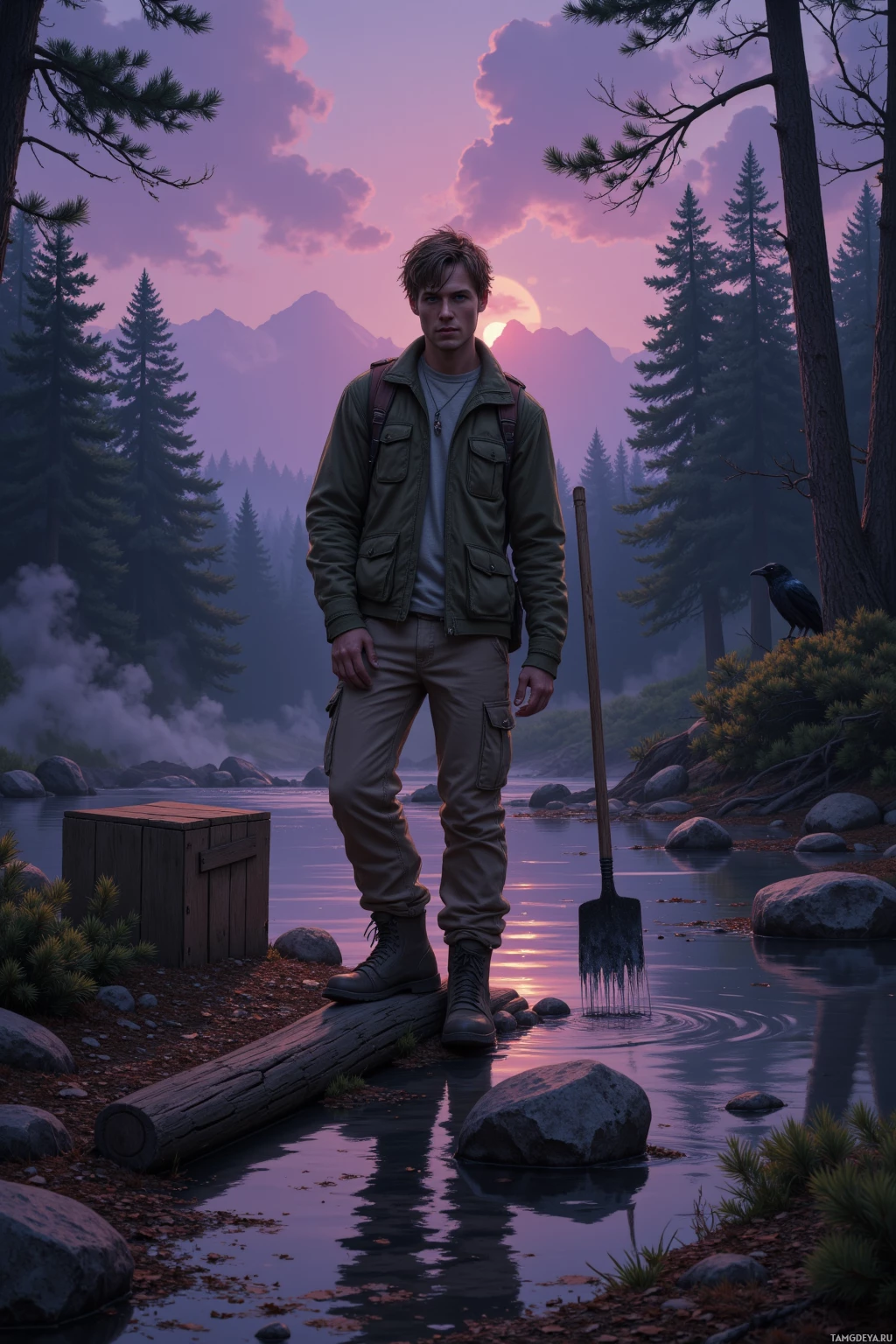 Человек стоит у спокойного берега реки на закате, окруженный высокими деревьями и горами, держа в руках лопату.
