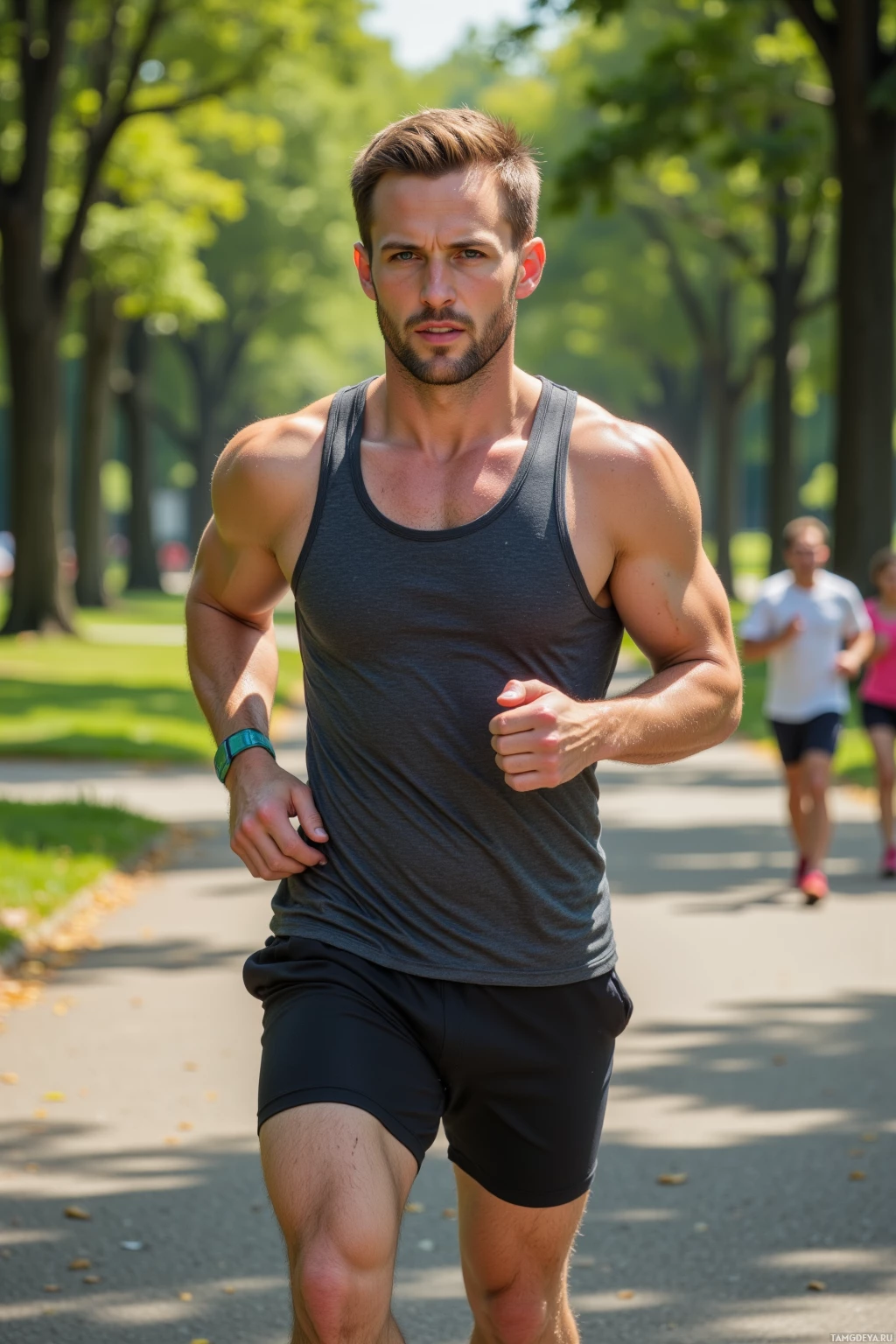 Мужчина бежит трусцой в парке в солнечный день.