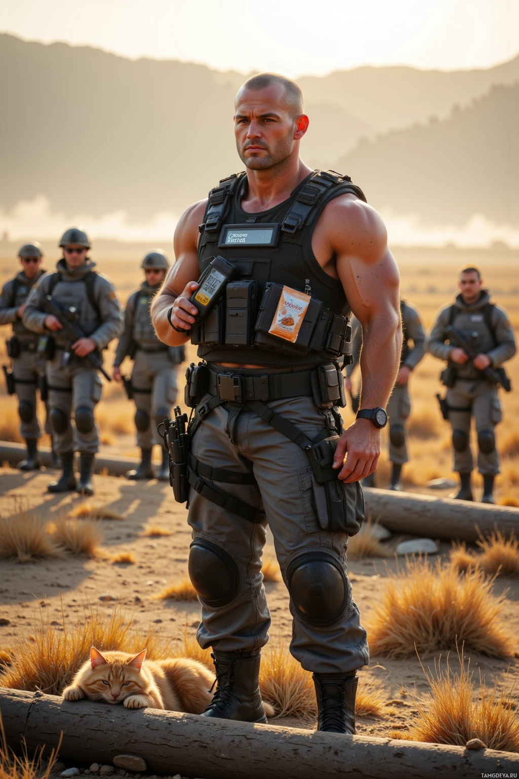 В пустынном ландшафте стоит мускулистый солдат в тактическом снаряжении, на заднем плане видны другие военнослужащие.