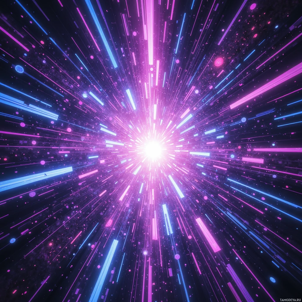 Яркая космическая сцена с полосами света и светящимися частицами, излучающимися во все стороны.