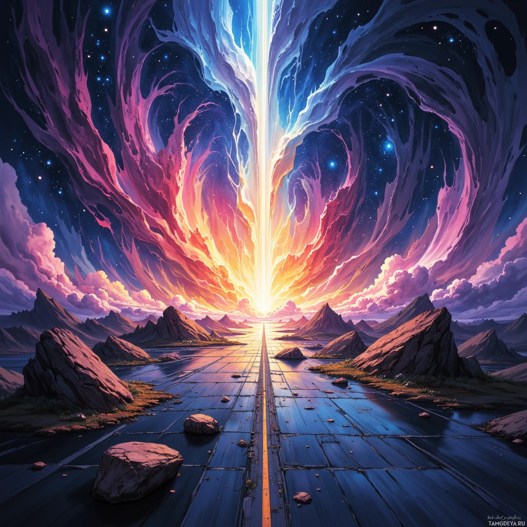 Яркий, космический пейзаж с сияющей тропой, ведущей к источнику света среди горных вершин и под звездным небом.