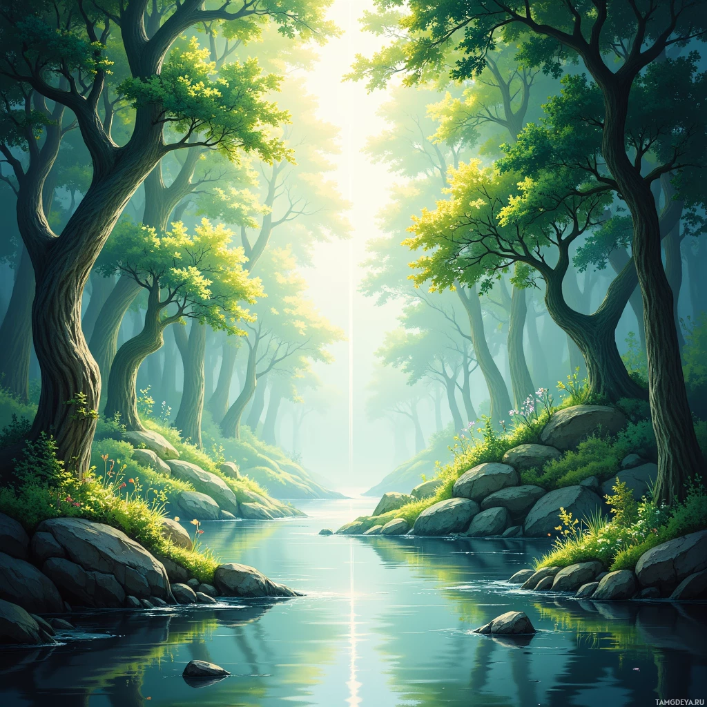 Спокойная лесная сцена, залитая солнечным светом, пробивающимся сквозь деревья и отражающимся в тихой реке.